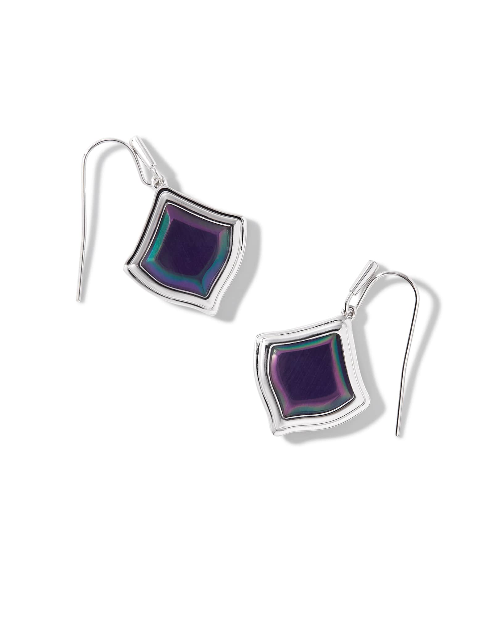 Kacey Silver Drop Earrings in Purple Cat's Eye