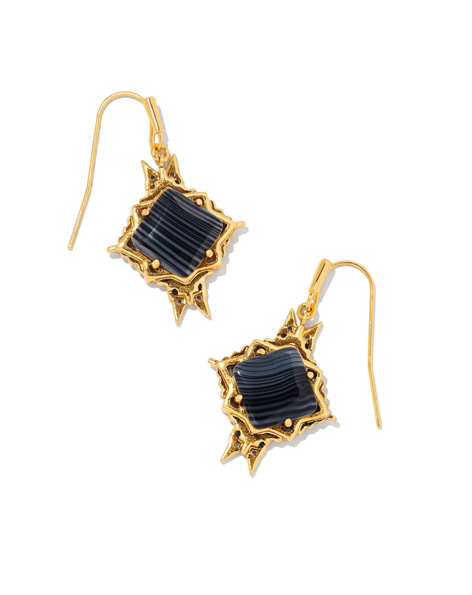 Cass Vintage Gold Drop Earrings in Black Banded Agate