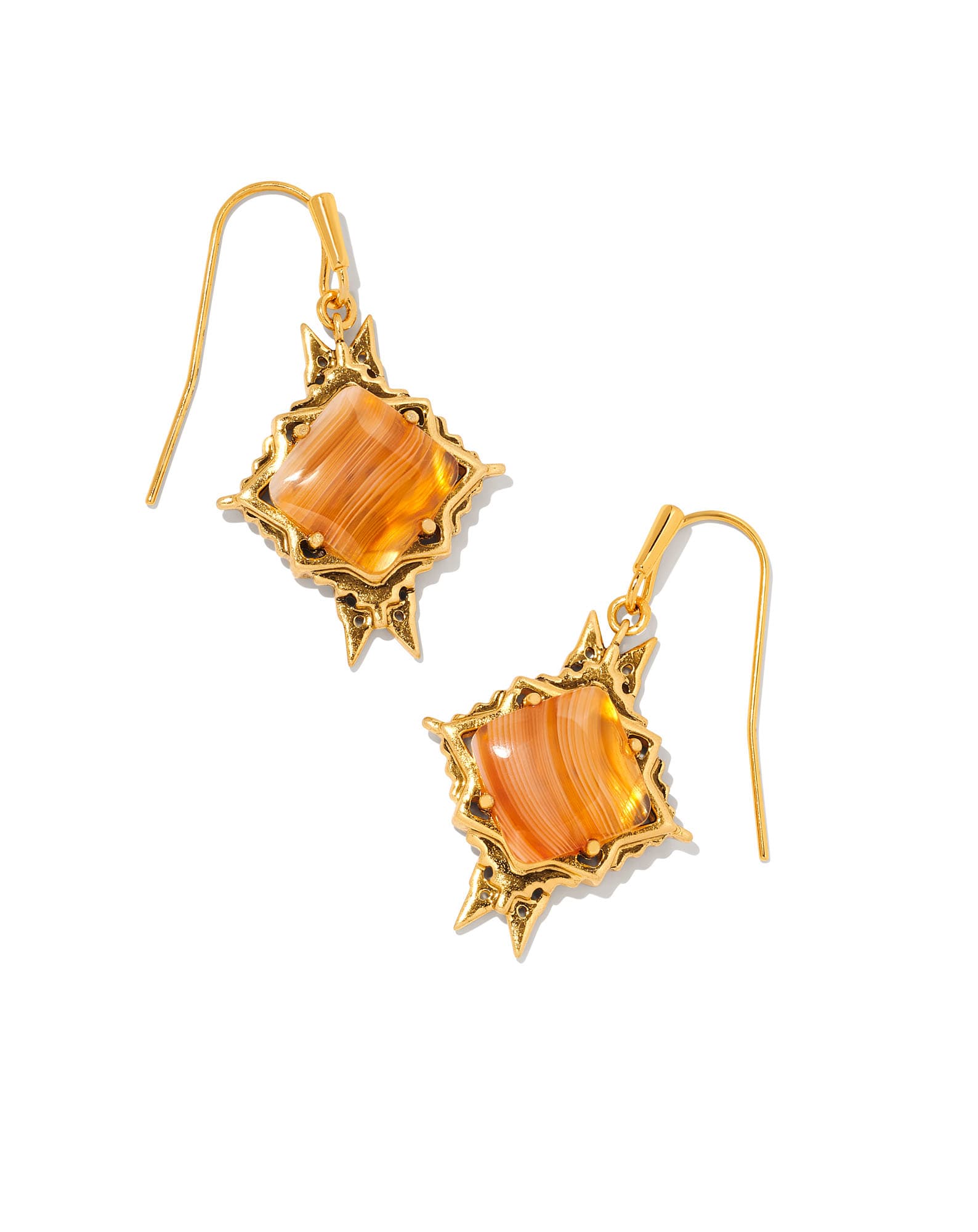 Cass Vintage Gold Drop Earrings in Orange Banded Agate