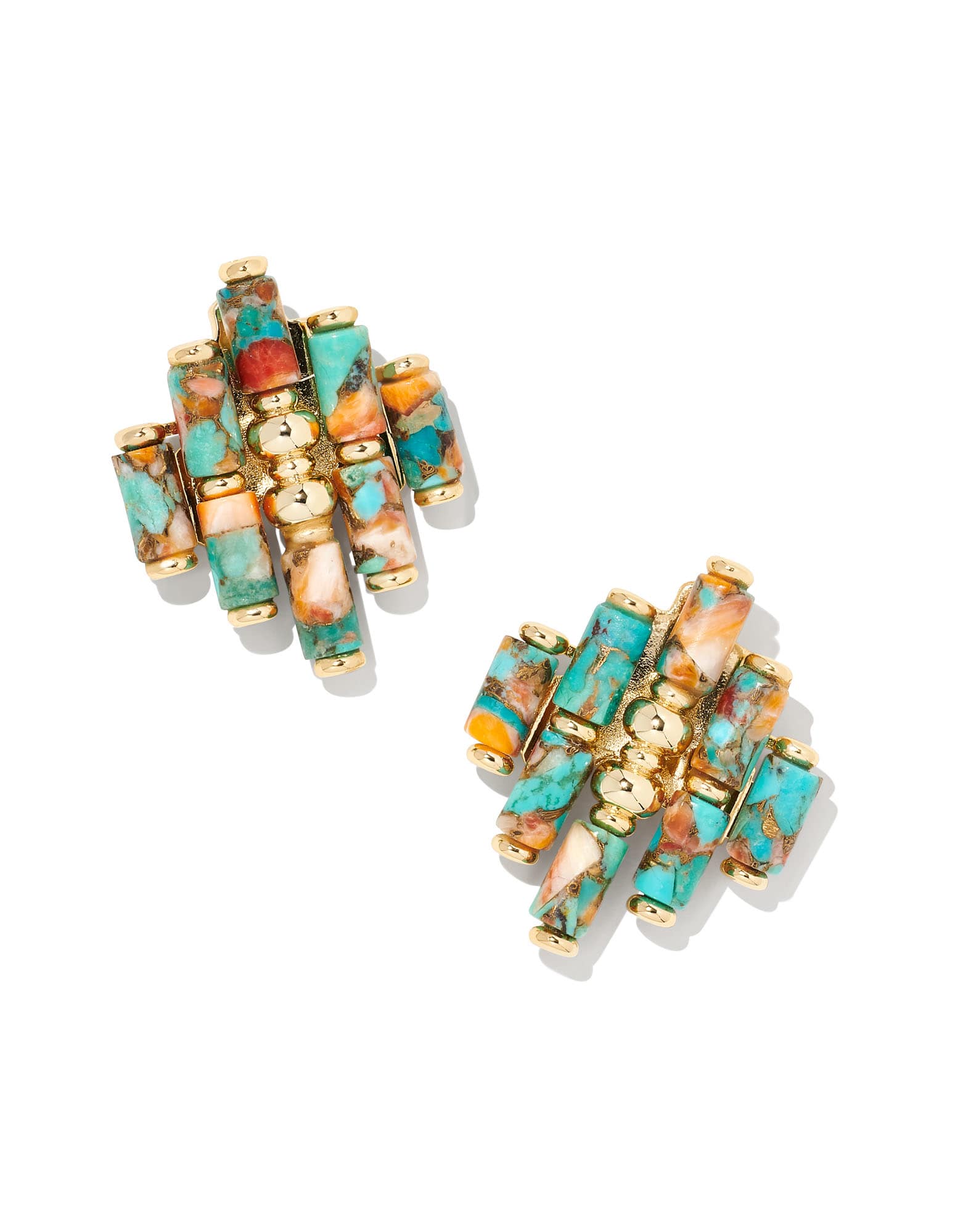 Ember Gold Statement Stud Earrings in Bronze Veined Turquoise Magnesite Red Oyster