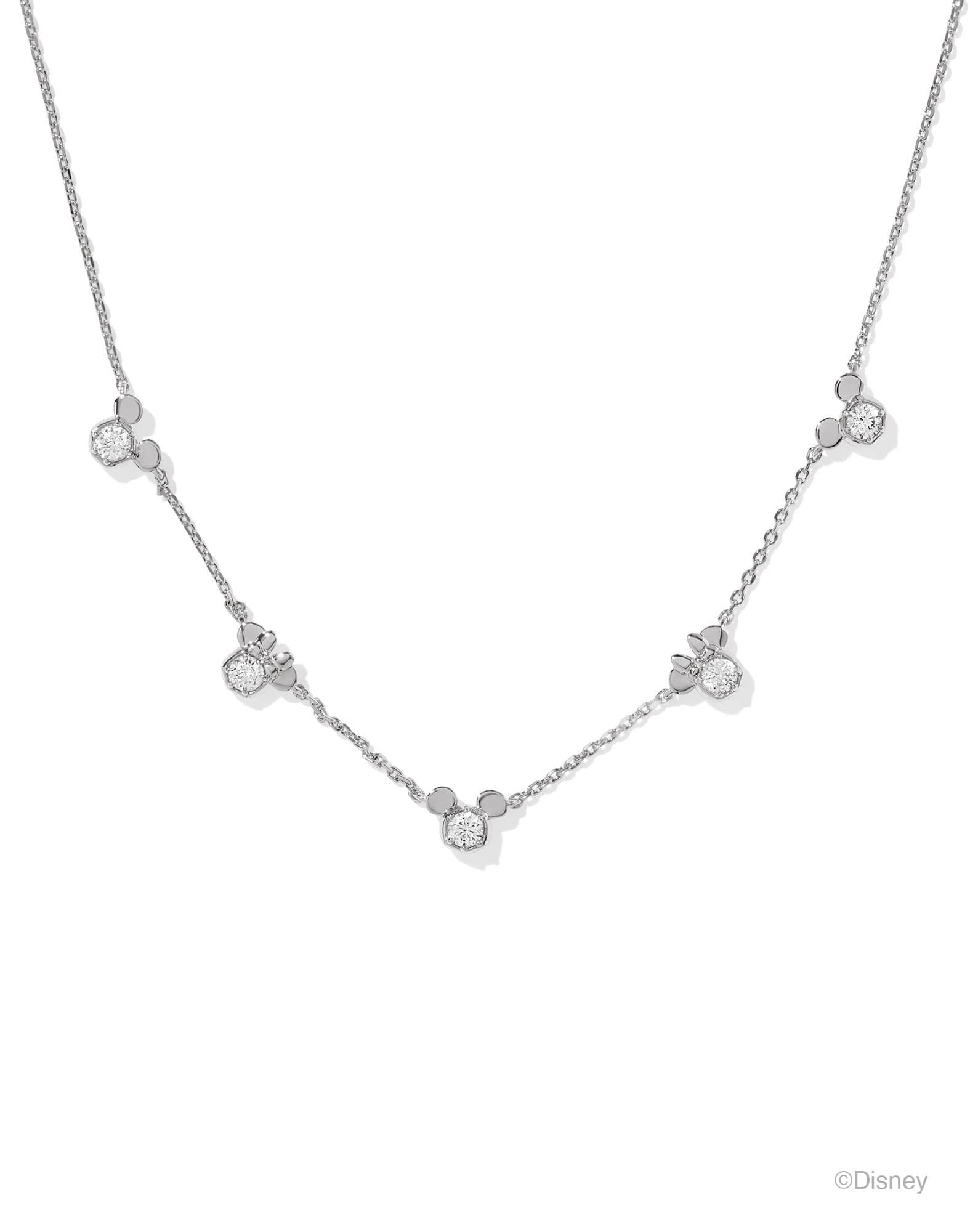 Disney | Kendra Scott Silver Mickey Mouse and Minnie Mouse Strand Necklace in White CZ