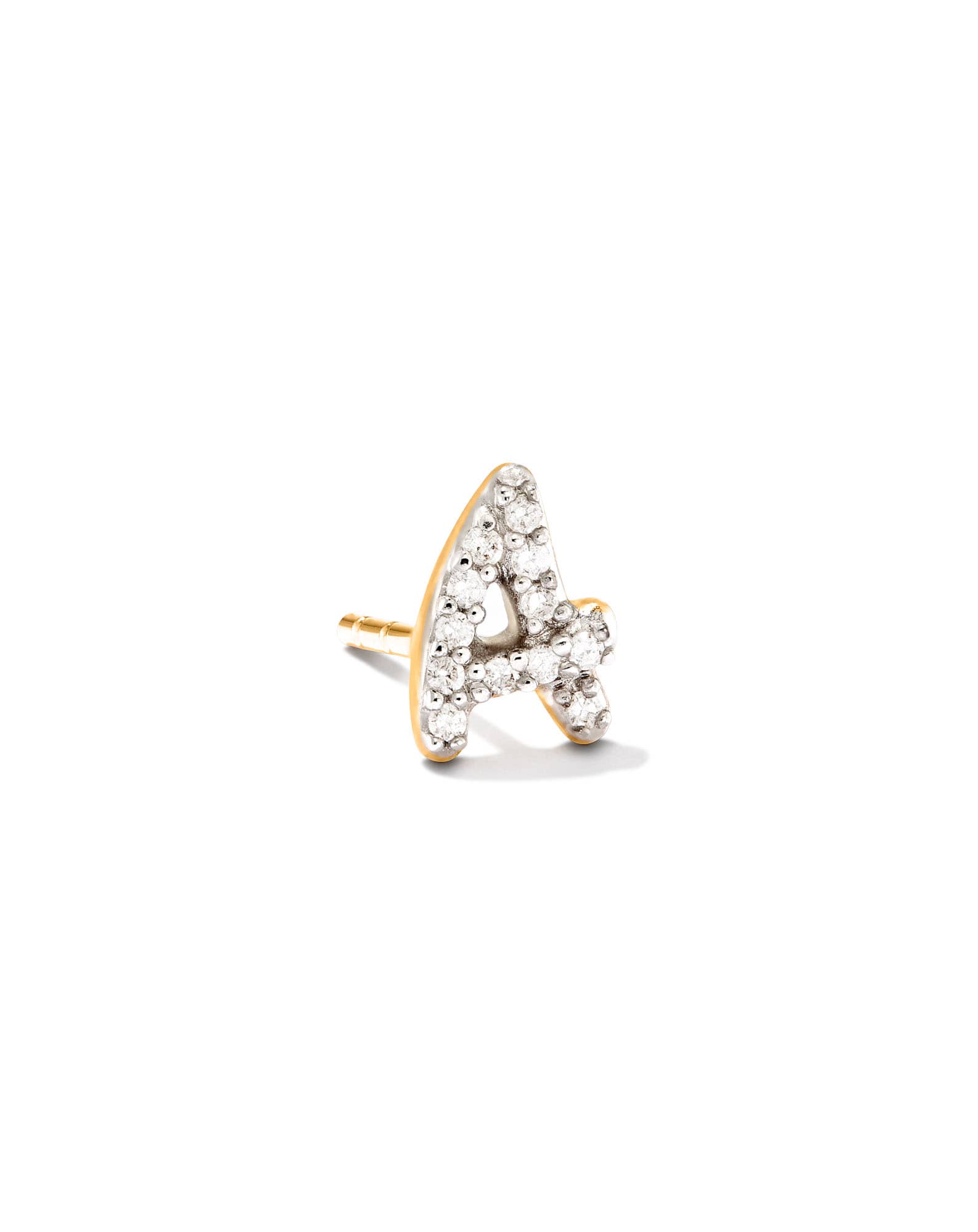 Letter A 14k Yellow Gold Single Stud Earring in White Diamond