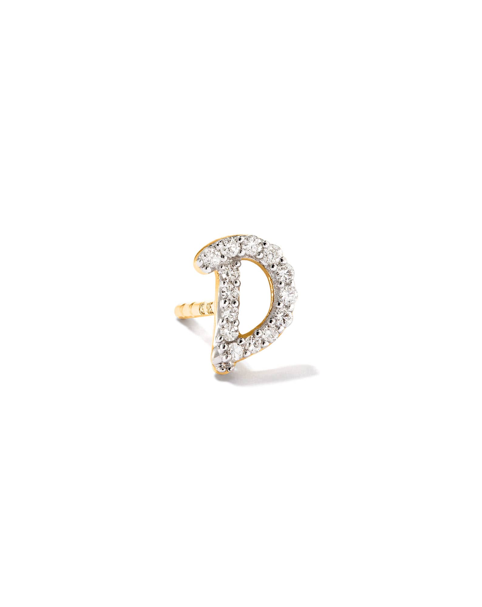 Letter D 14k Yellow Gold Single Stud Earring in White Diamond