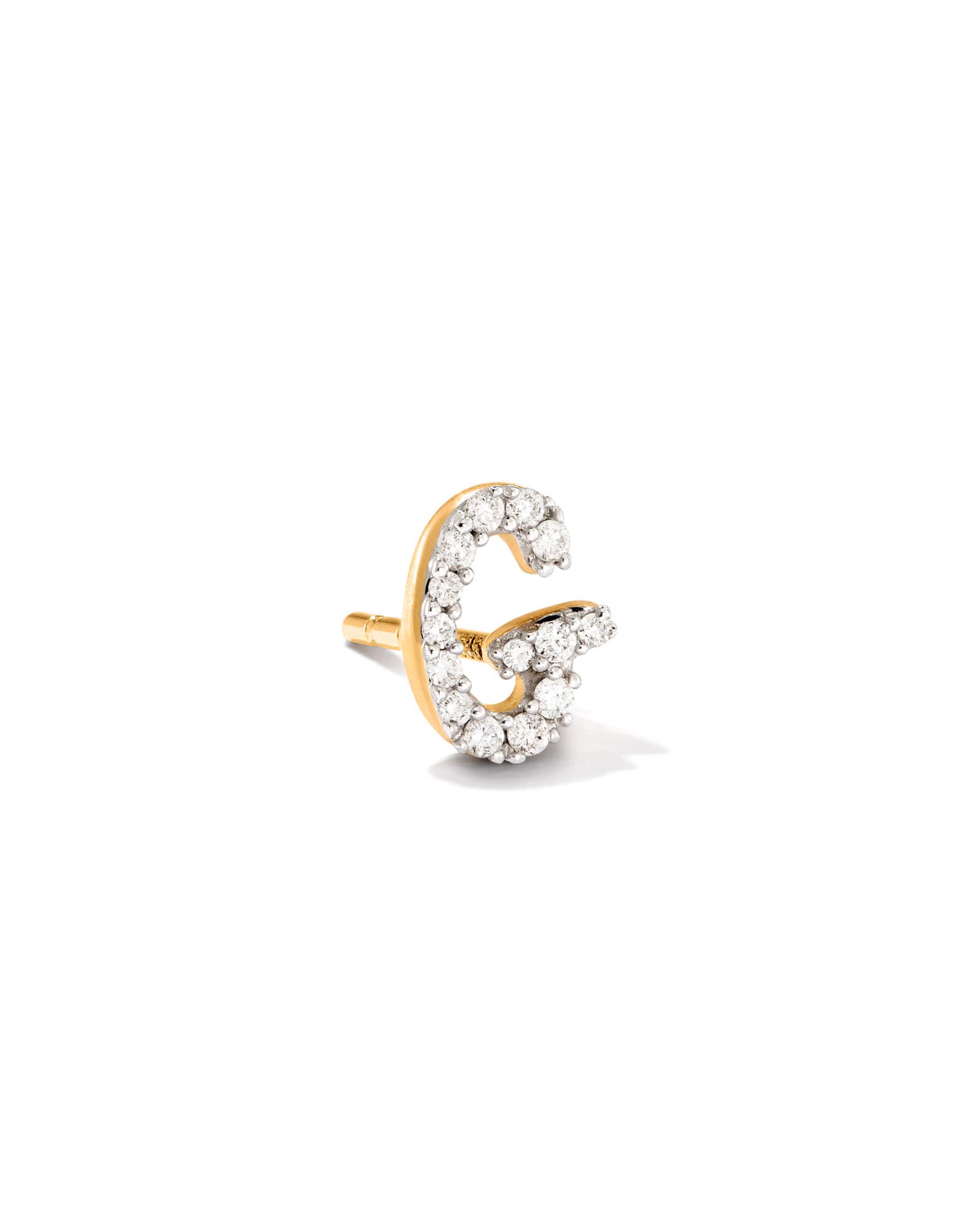 Letter G 14k Yellow Gold Single Stud Earring in White Diamond