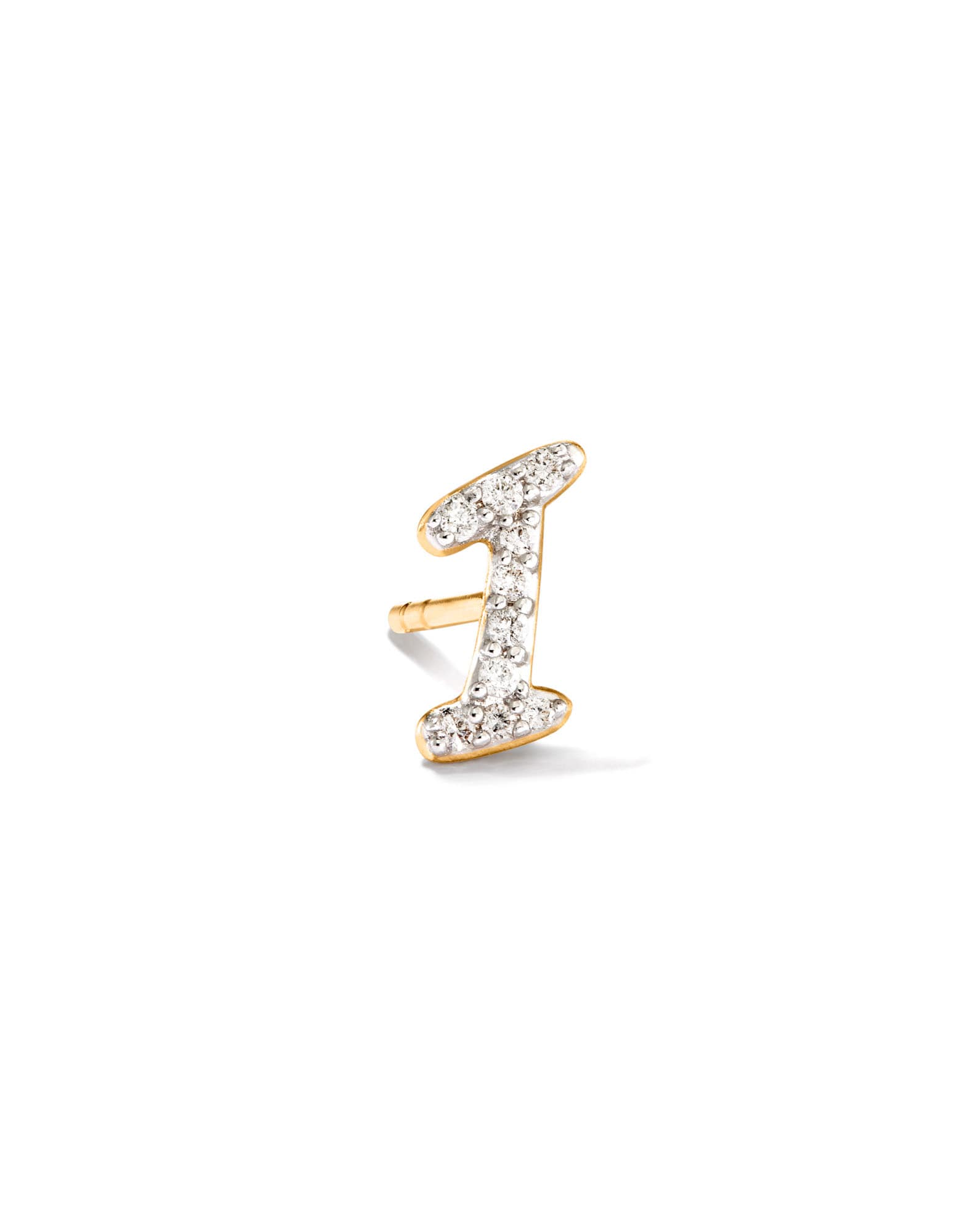 Letter I 14k Yellow Gold Single Stud Earring in White Diamond