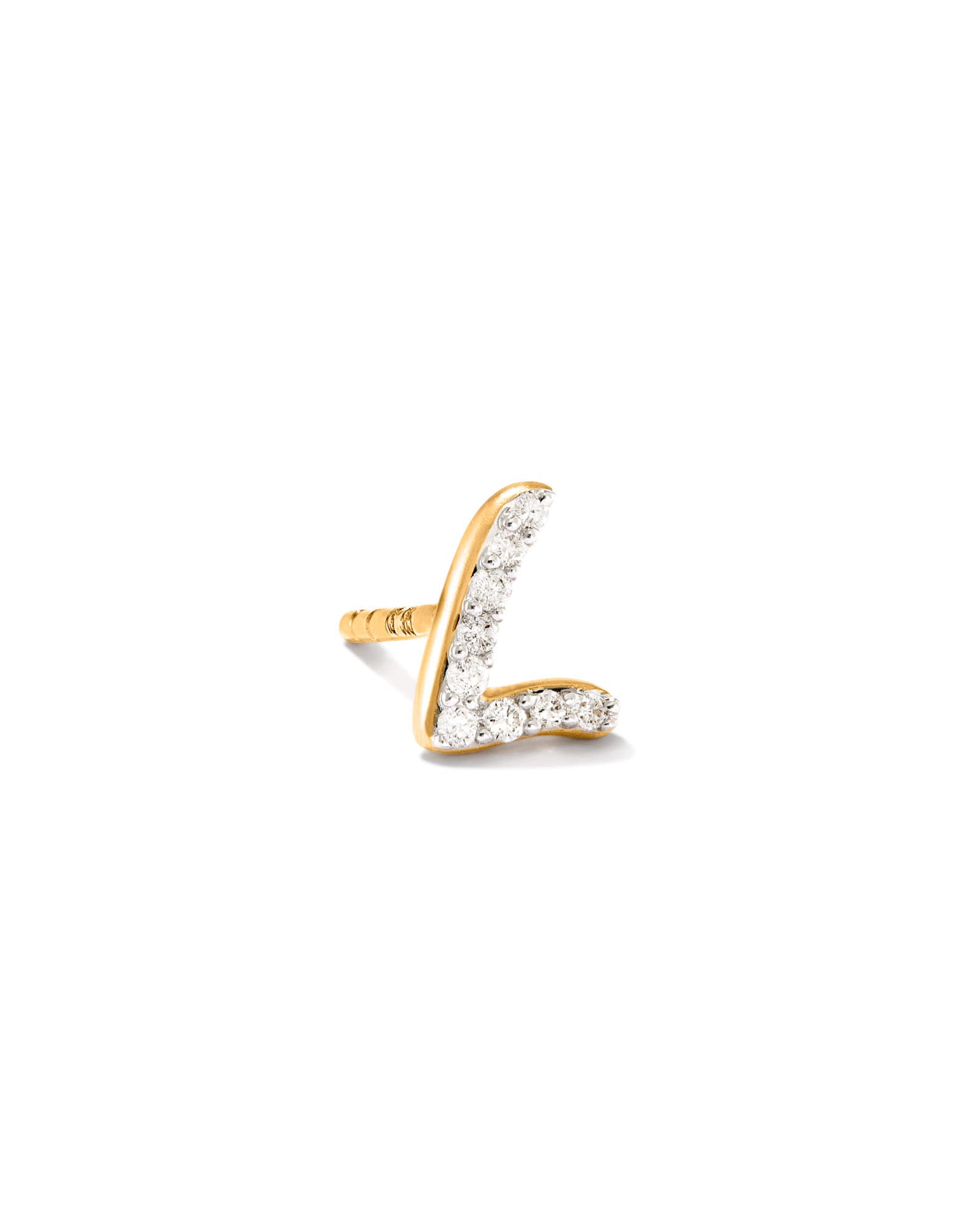Letter L 14k Yellow Gold Single Stud Earring in White Diamond