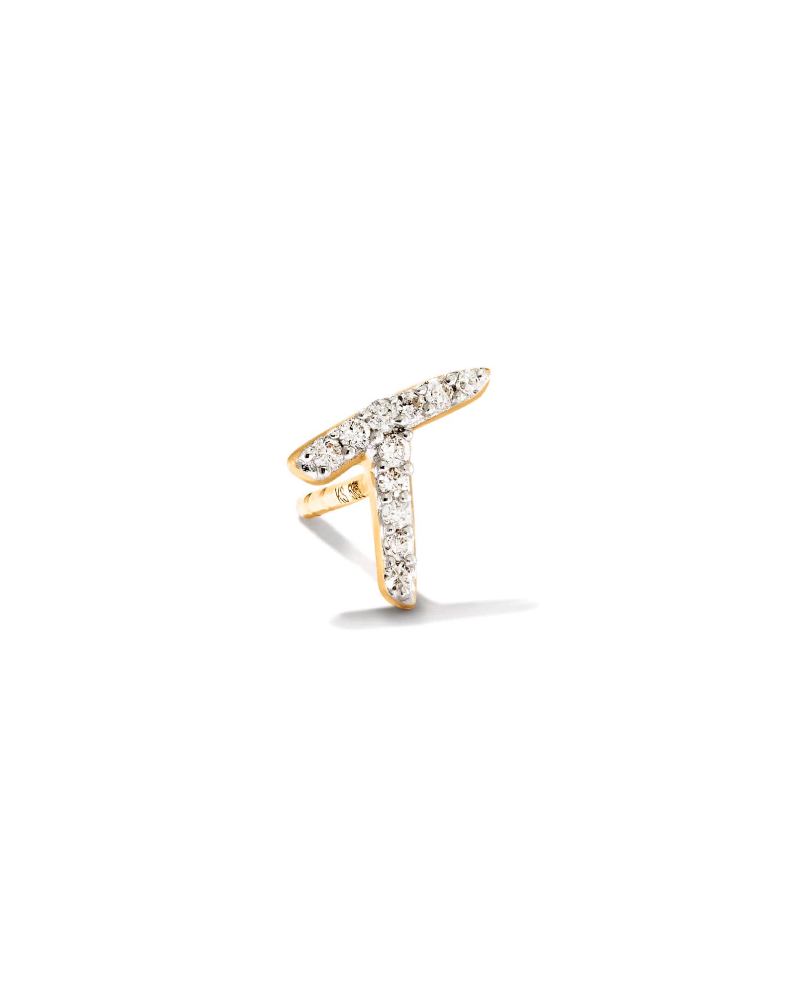 Letter T 14k Yellow Gold Single Stud Earring in White Diamond