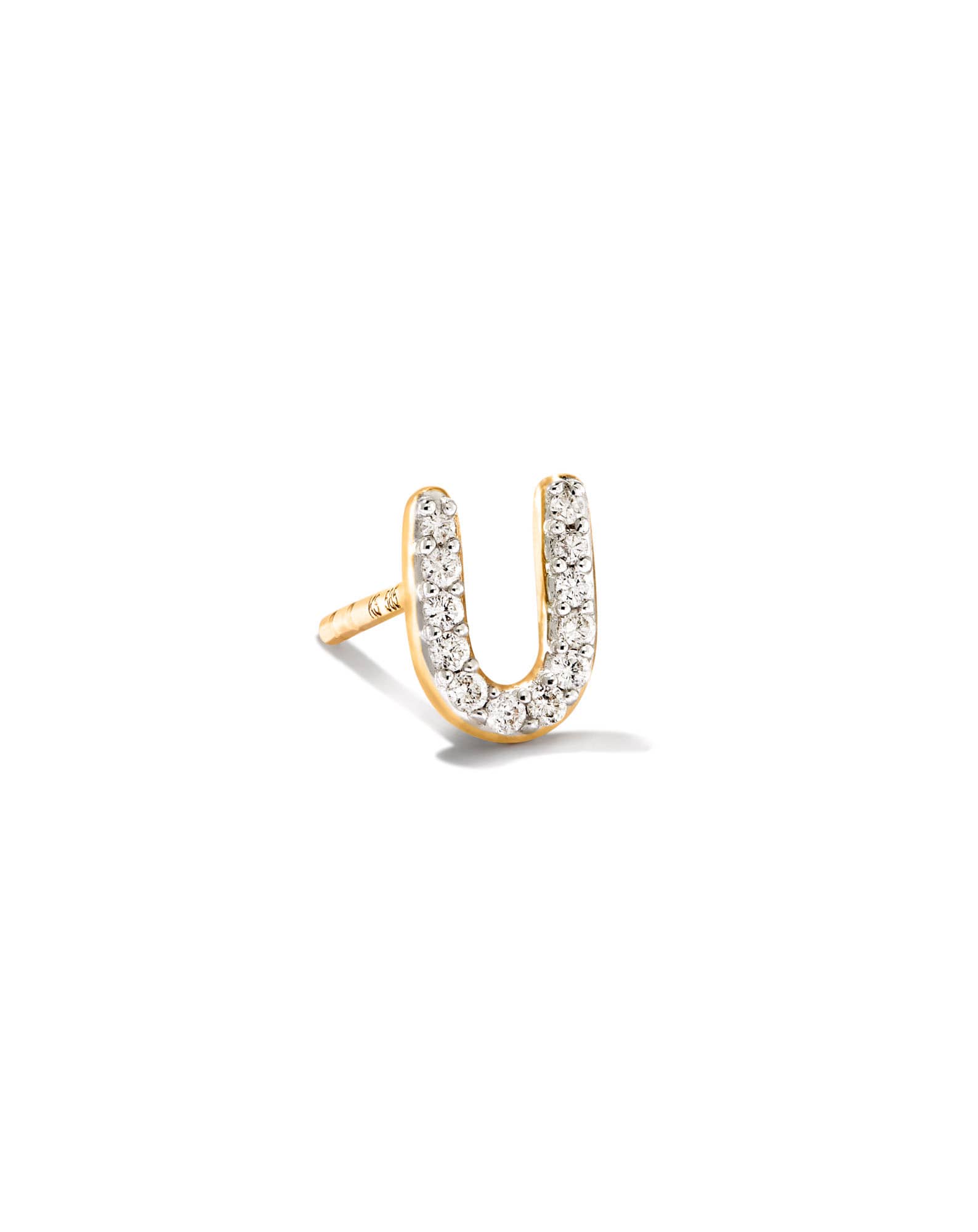 Letter U 14k Yellow Gold Single Stud Earring in White Diamond