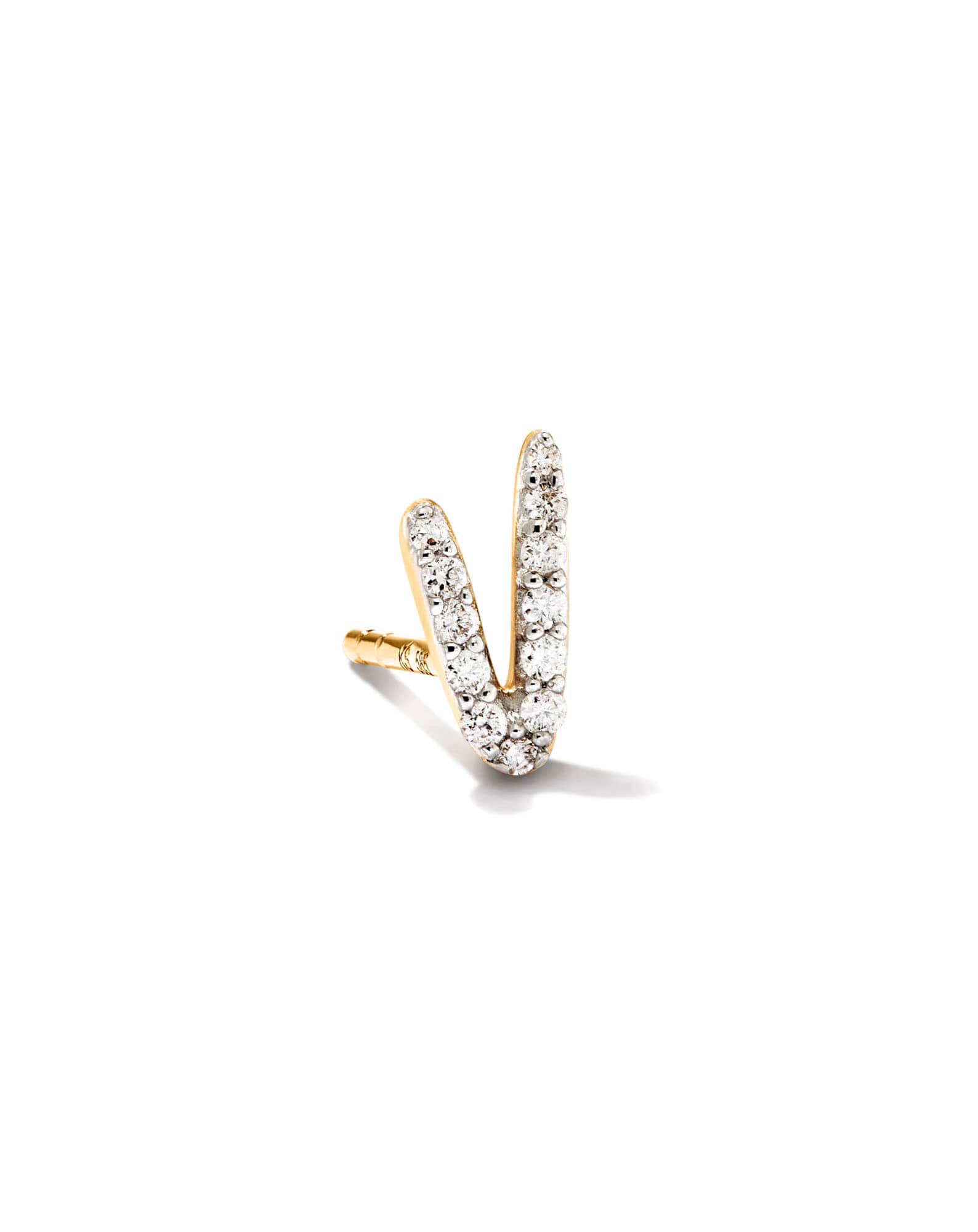 Letter V 14k Yellow Gold Single Stud Earring in White Diamond