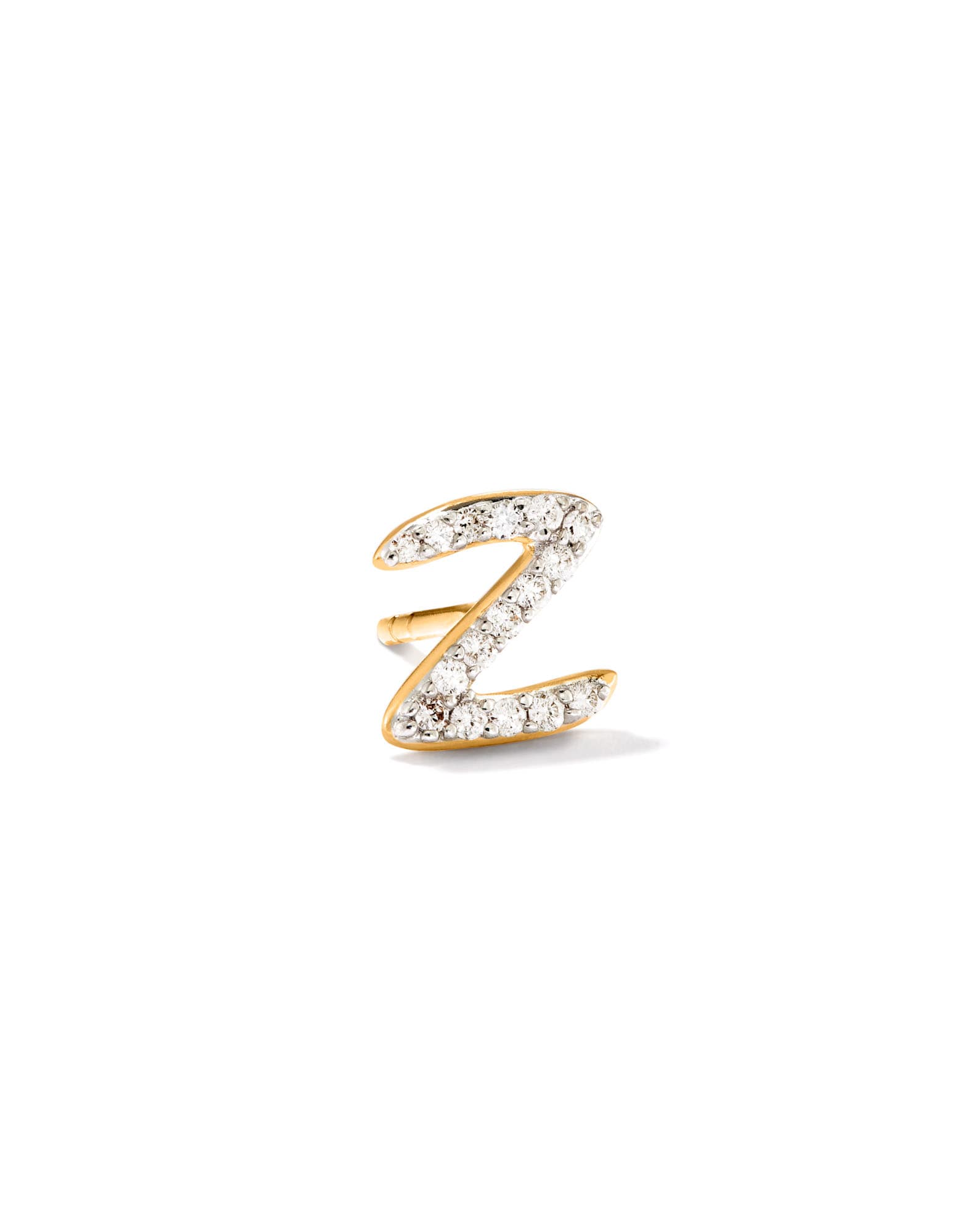 Letter Z 14k Yellow Gold Single Stud Earring in White Diamond