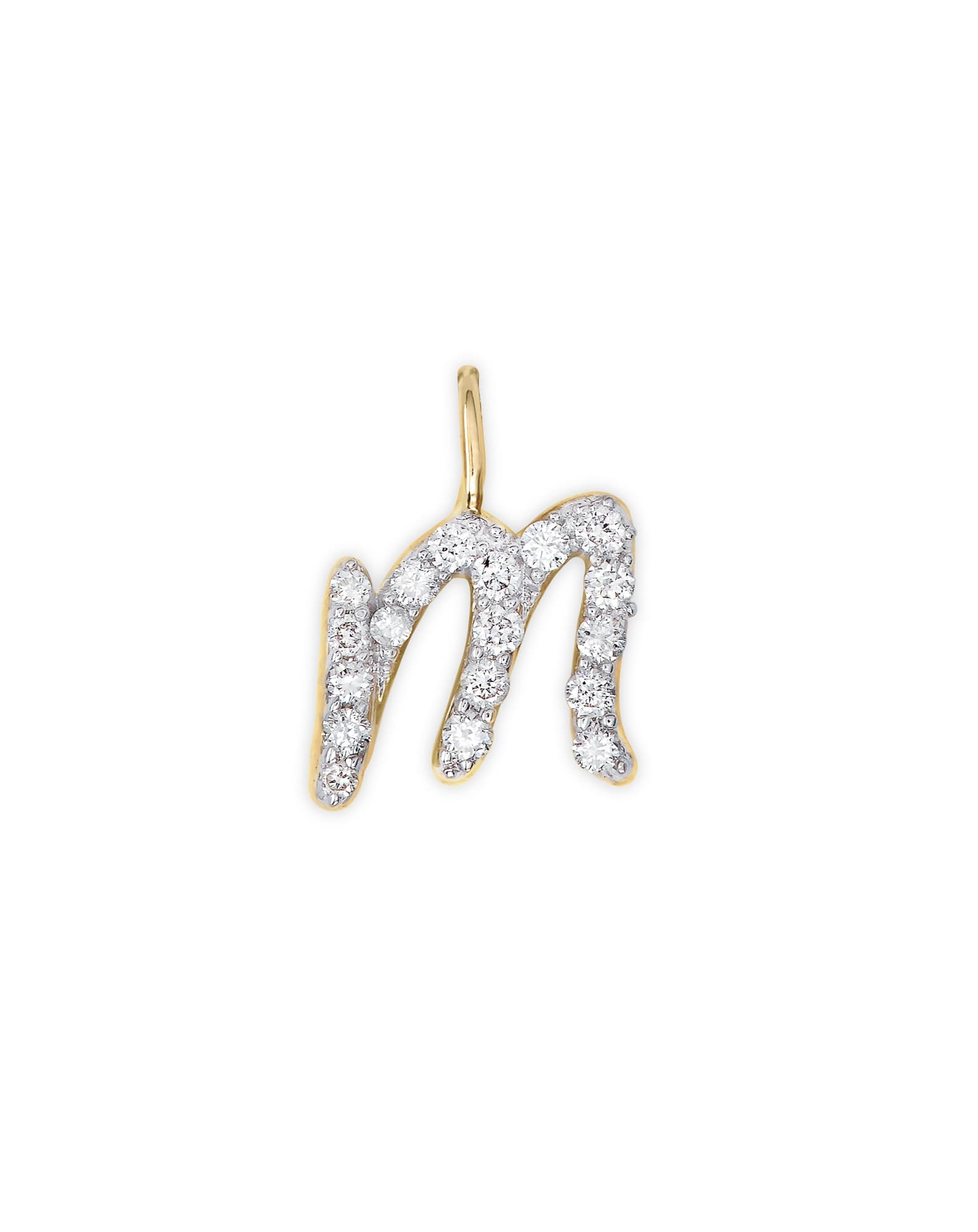 14k Yellow Gold Letter M Charm in White Diamond