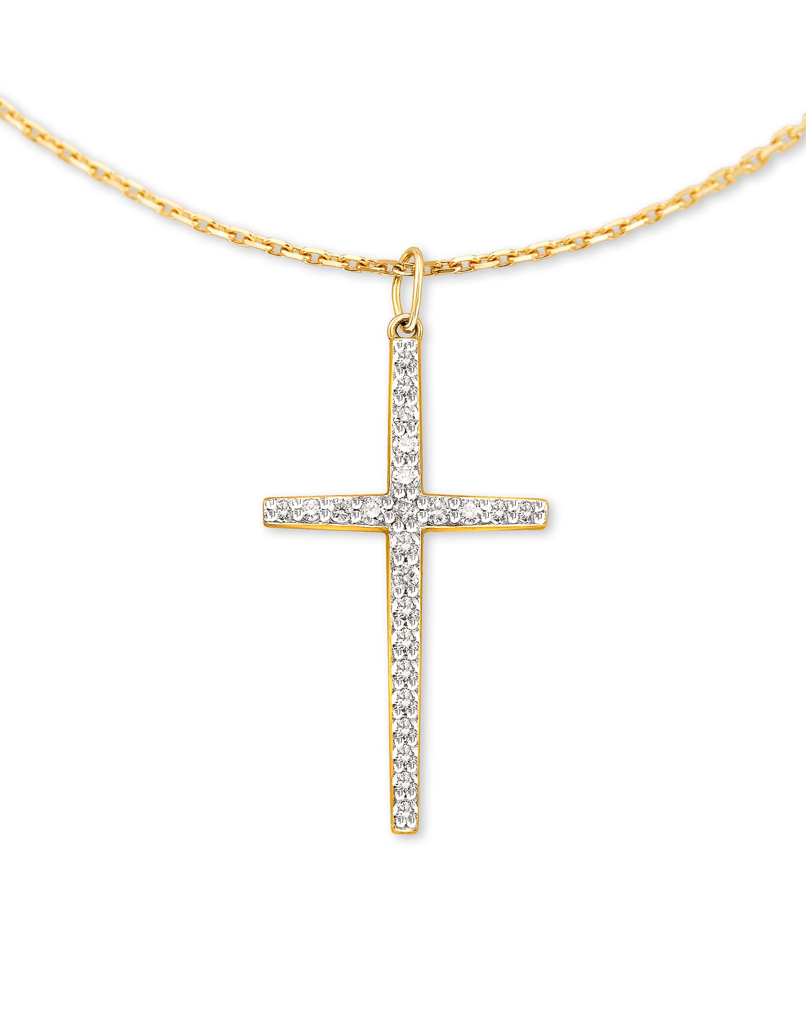 Large Cross 14k Yellow Gold Pendant Necklace in White Diamond