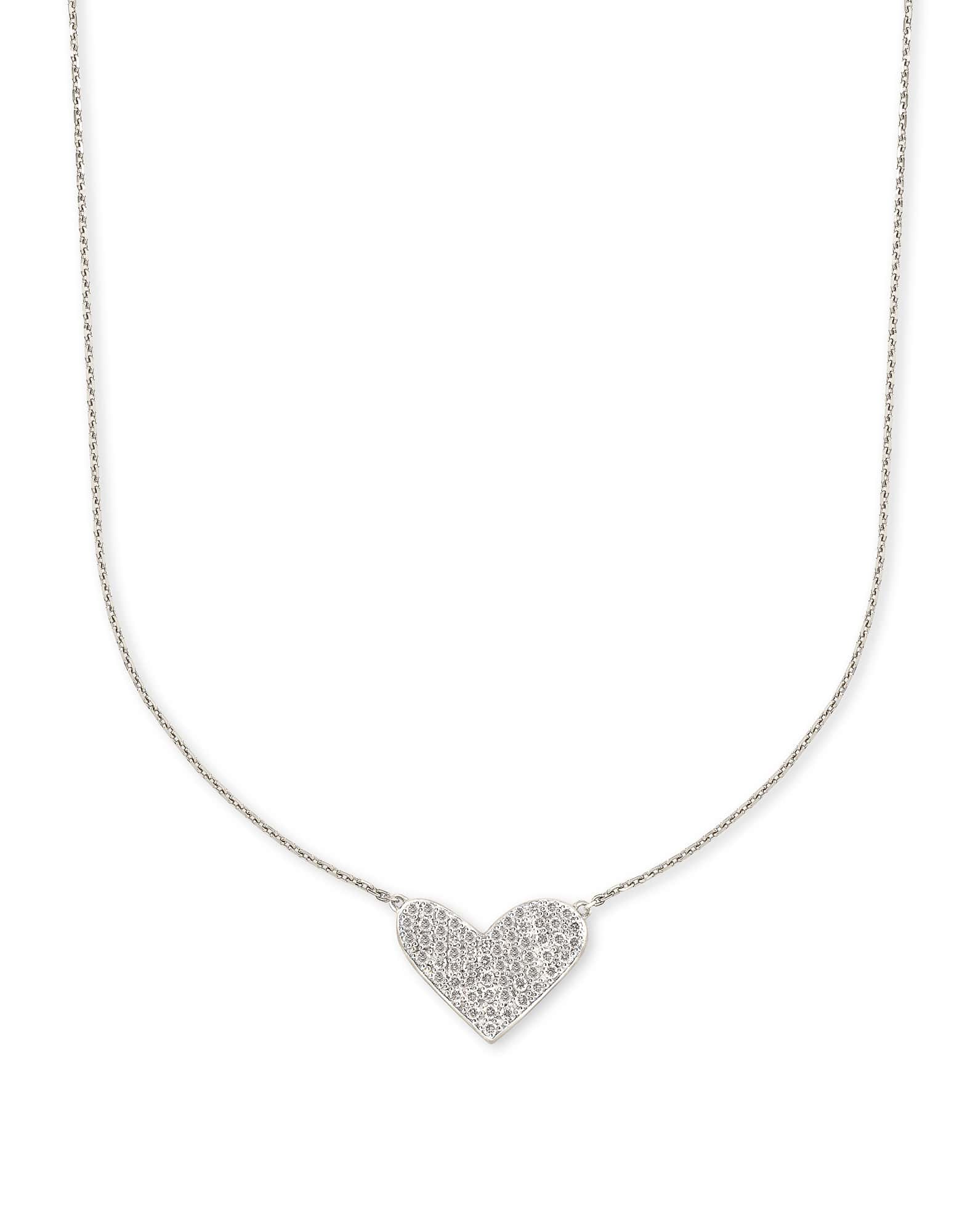 Large Heart 14k White Gold Pendant Necklace in White Diamond