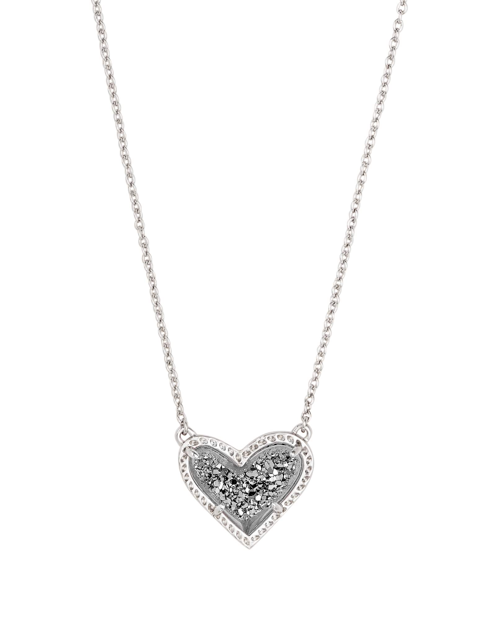 Ari Heart Silver Pendant Necklace in Platinum Drusy