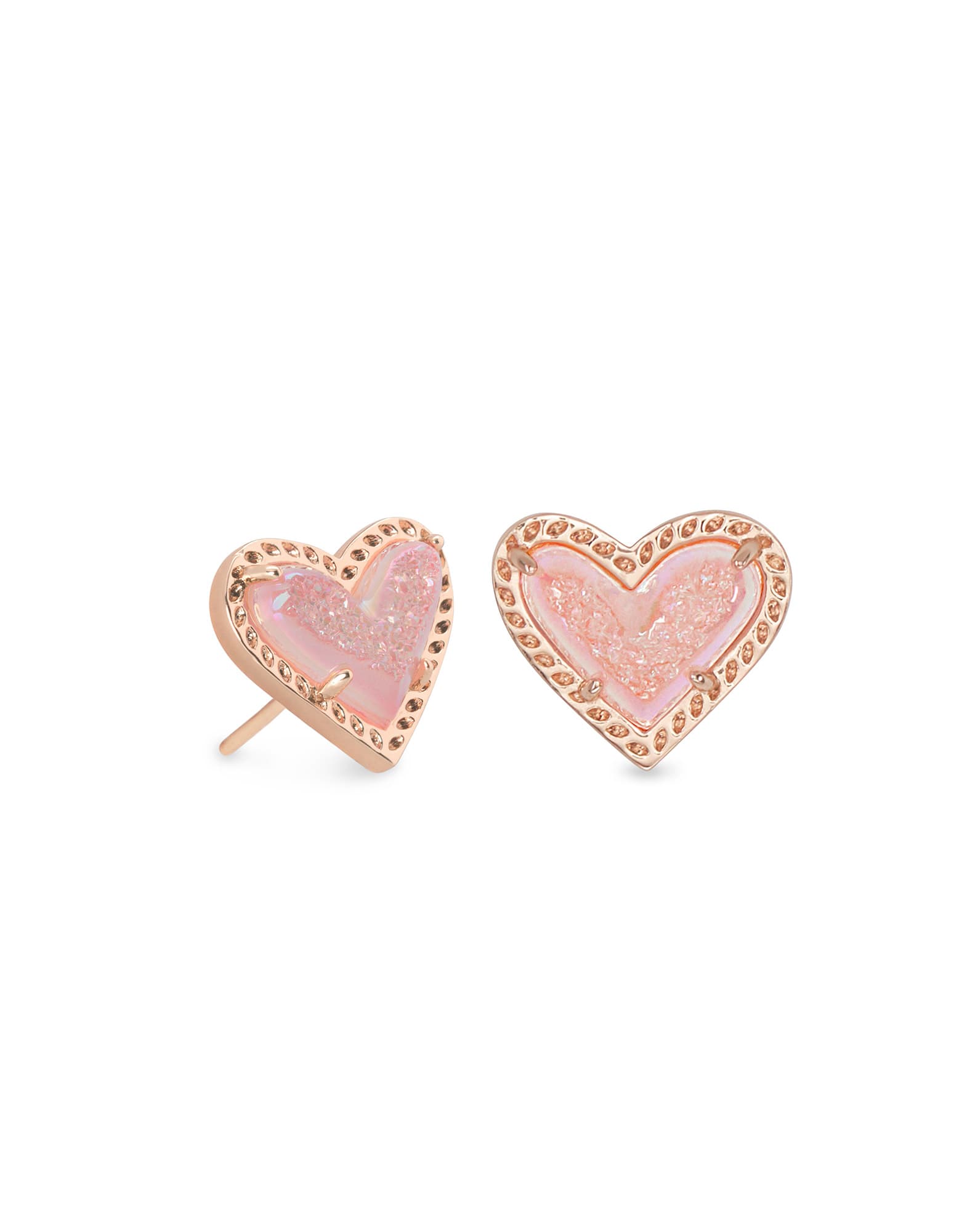 Ari Heart Rose Gold Stud Earrings in Light Pink Drusy
