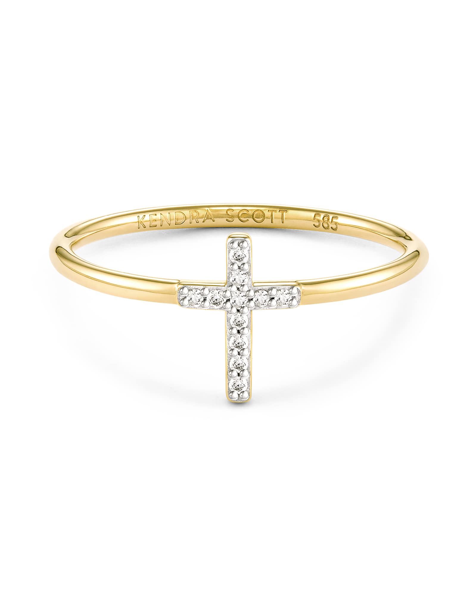 Cross 14k Yellow Gold Band Ring in White Diamond