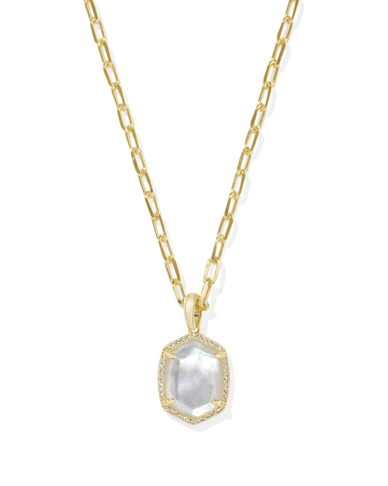 Daphne Gold Pave Frame Short Pendant Necklace in Iridescent Ivory Illusion