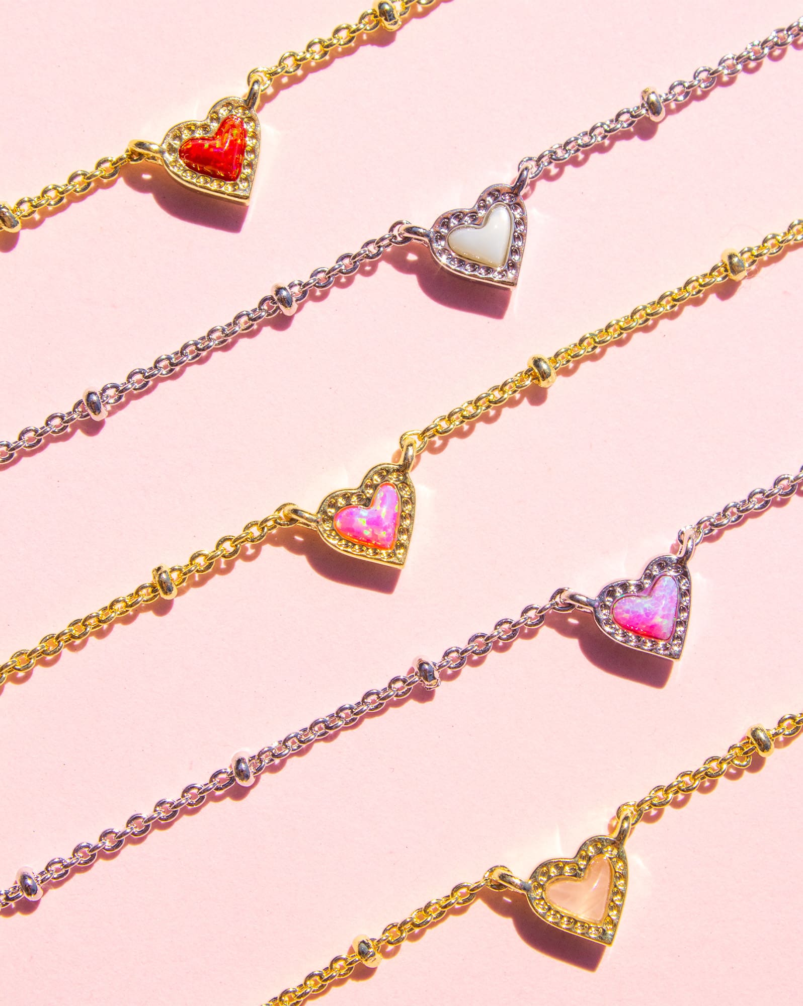 Mini Ari Heart Silver Satellite Short Pendant Necklace in Bubblegum Pink Lab Grown Opal