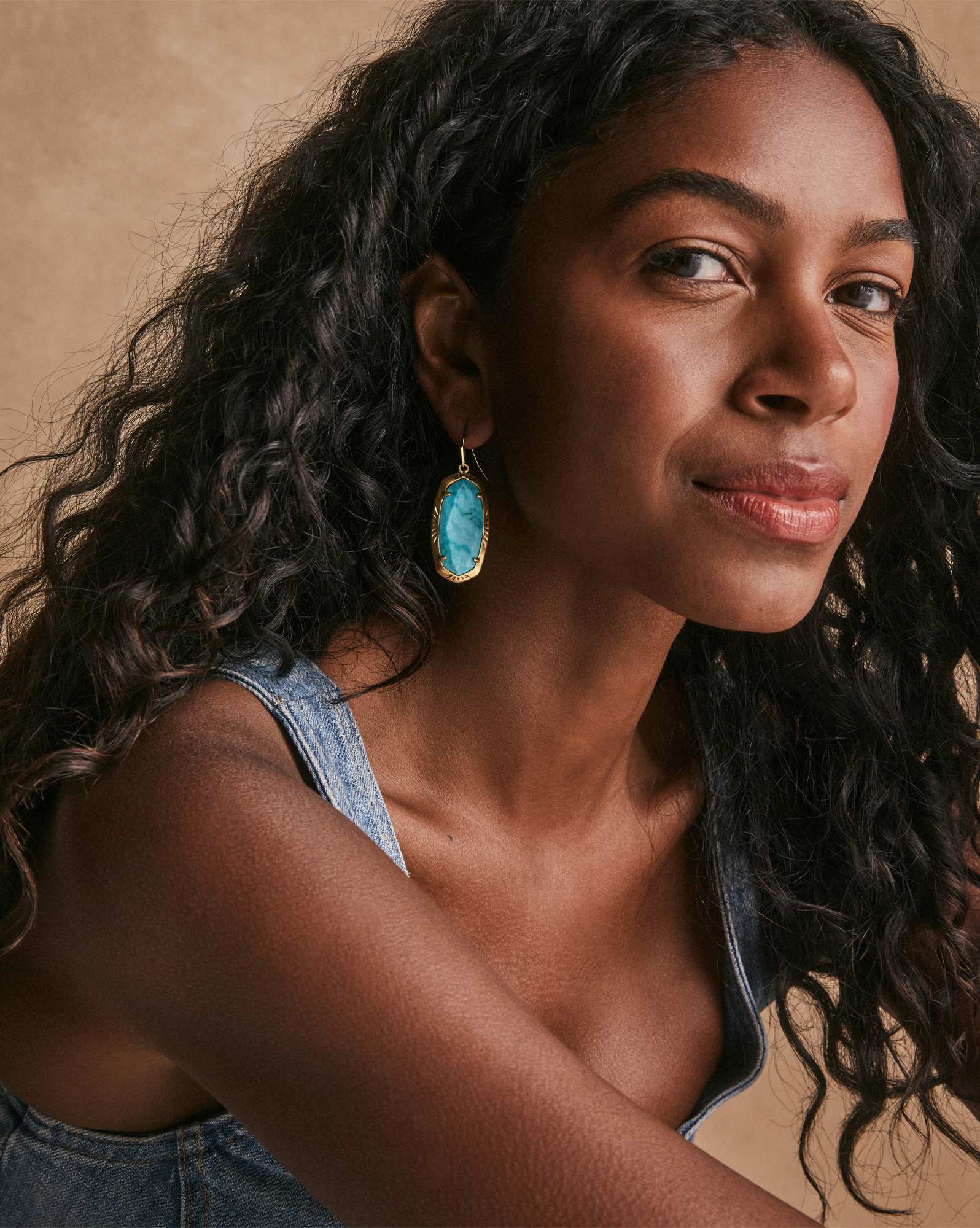 Elle Vintage Gold Etch Frame Drop Earrings in Variegated Turquoise Magnesite