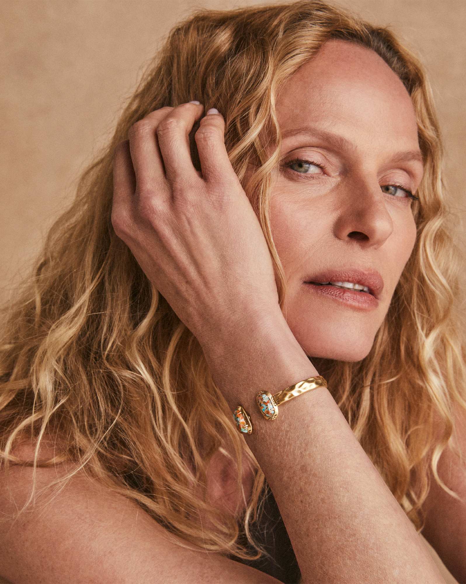 Elton Vintage Gold Etch Frame Cuff Bracelet in Bronze Veined Turquoise Magnesite Red Oyster