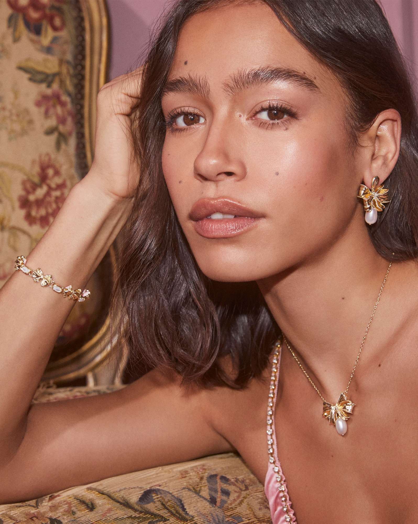 Kendra Scott x LoveShackFancy Pearl Bow Gold Statement Earrings 