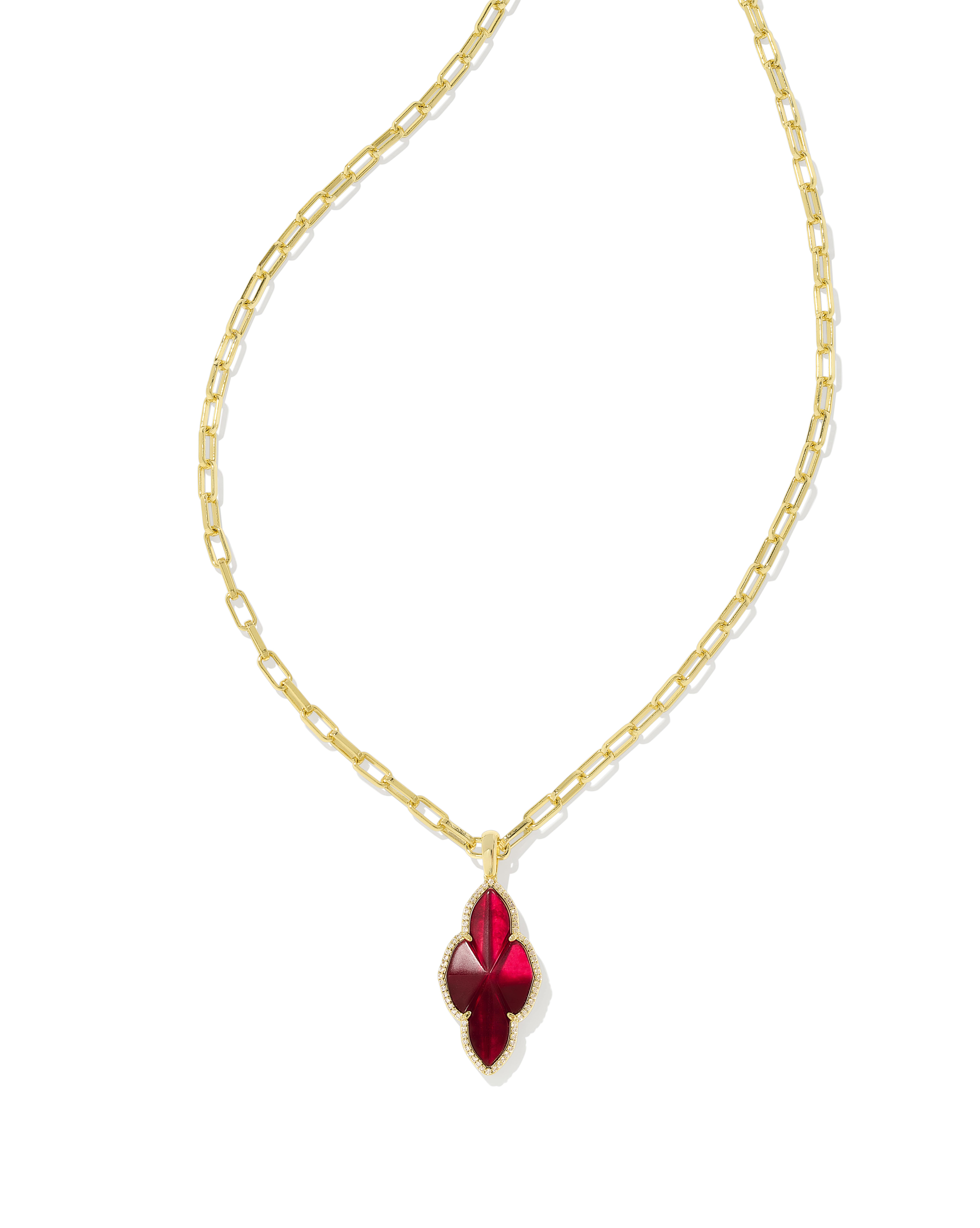 Abbie Gold Pave Frame Large Long Pendant Necklace in Cranberry Illusion