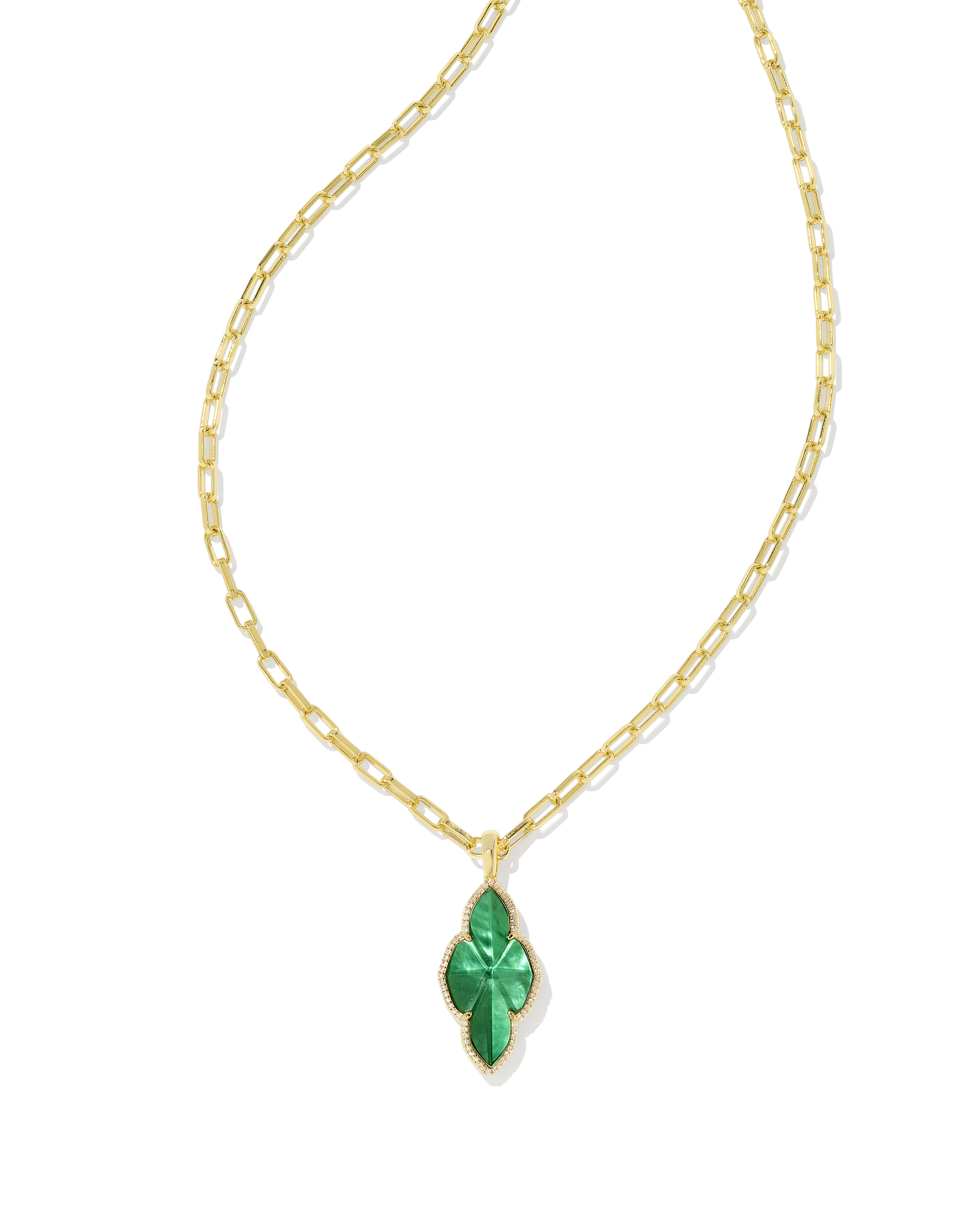 Abbie Gold Pave Frame Large Long Pendant Necklace in Green Illusion