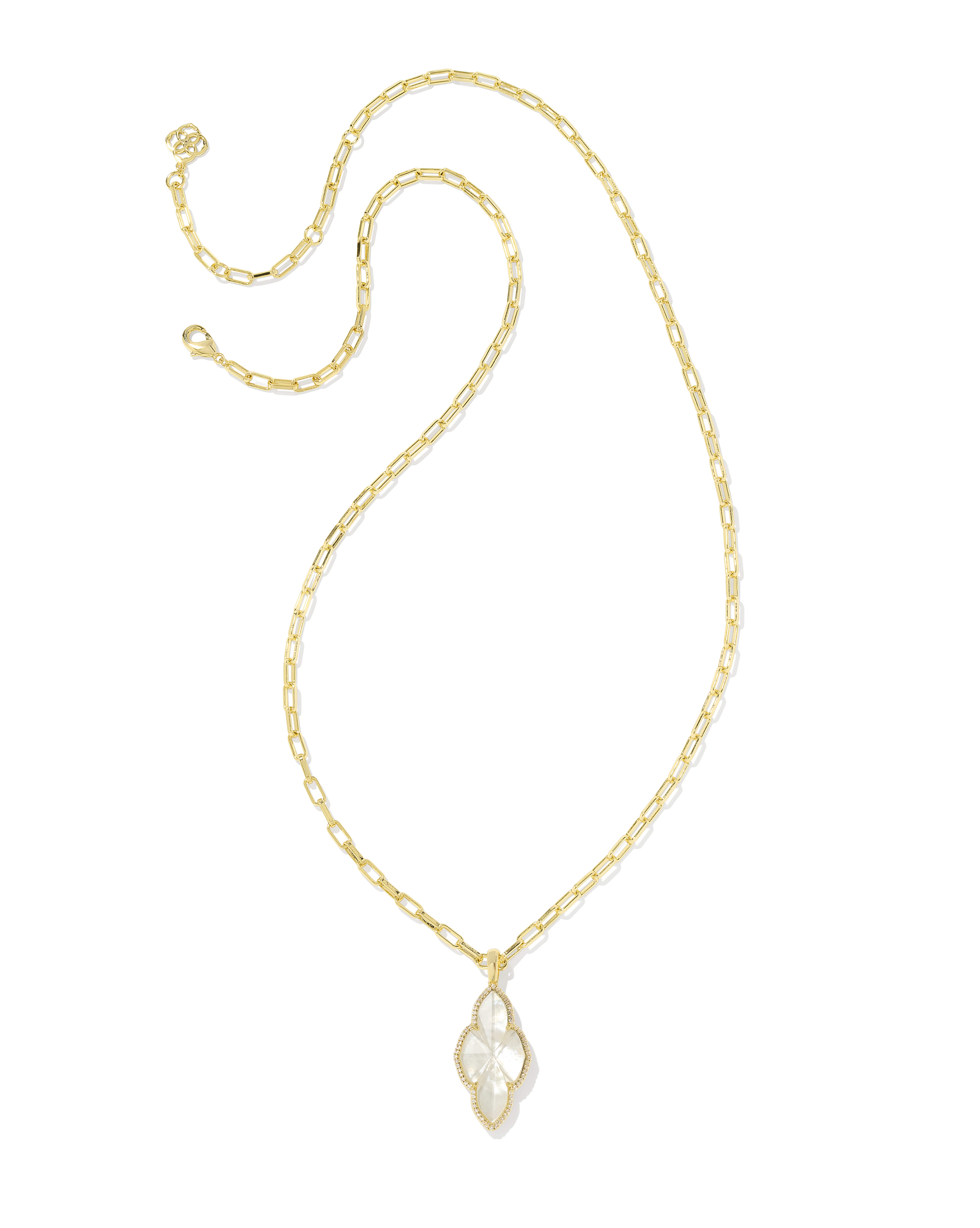 Abbie Gold Pave Frame Large Long Pendant Necklace in Ivory Mother-of-Pearl