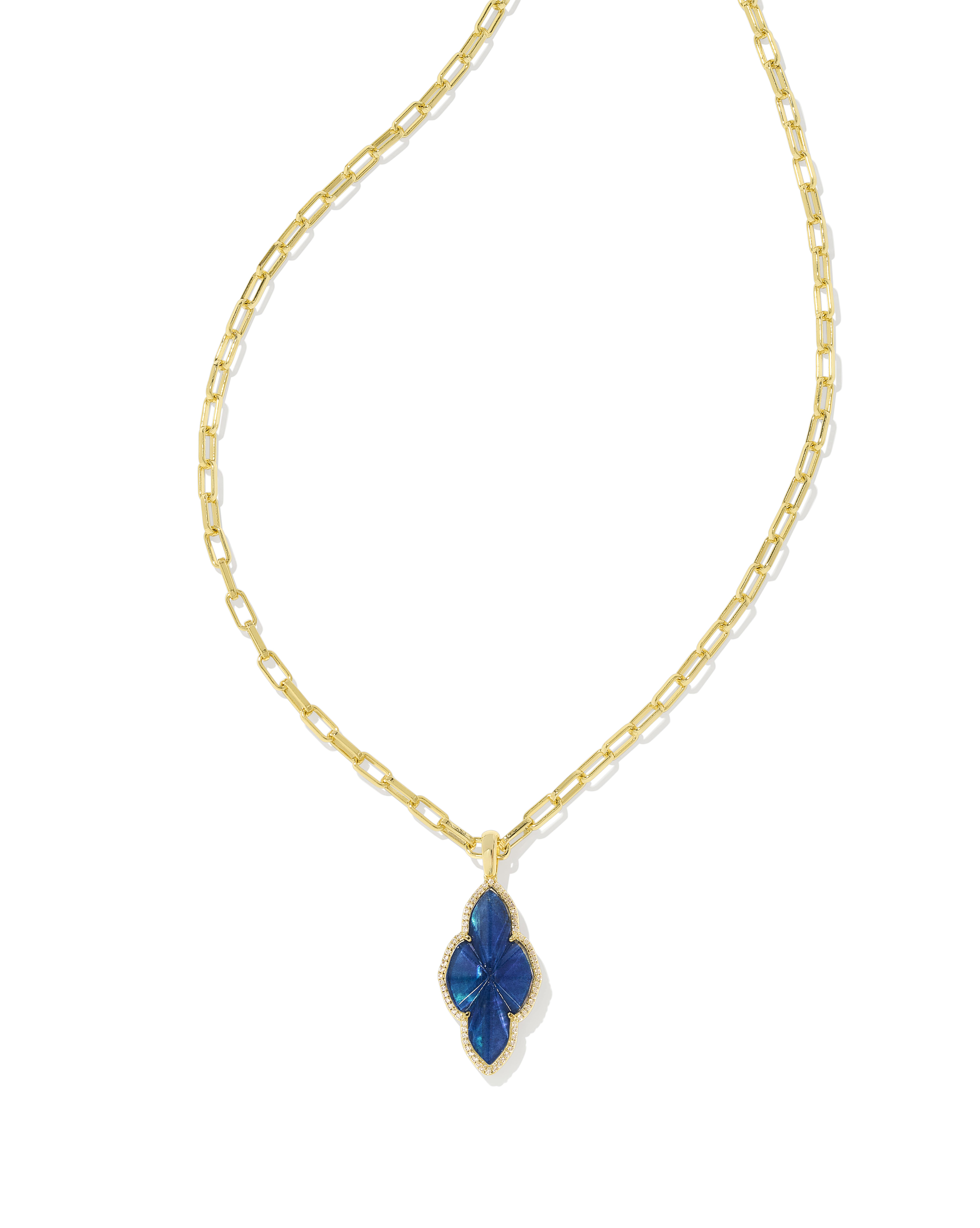 Abbie Gold Pave Frame Large Long Pendant Necklace in Navy Abalone