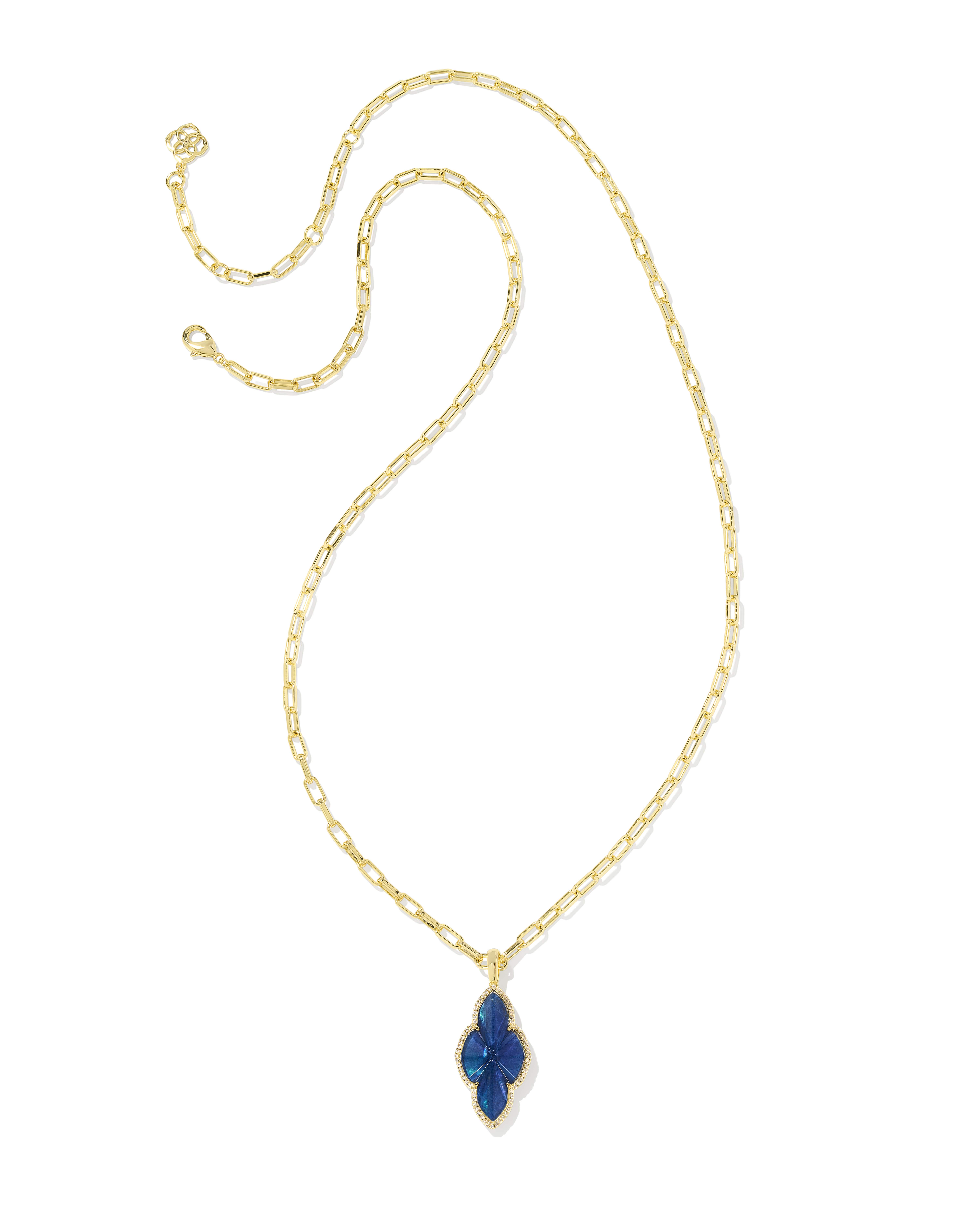 Abbie Gold Pave Frame Large Long Pendant Necklace in Navy Abalone
