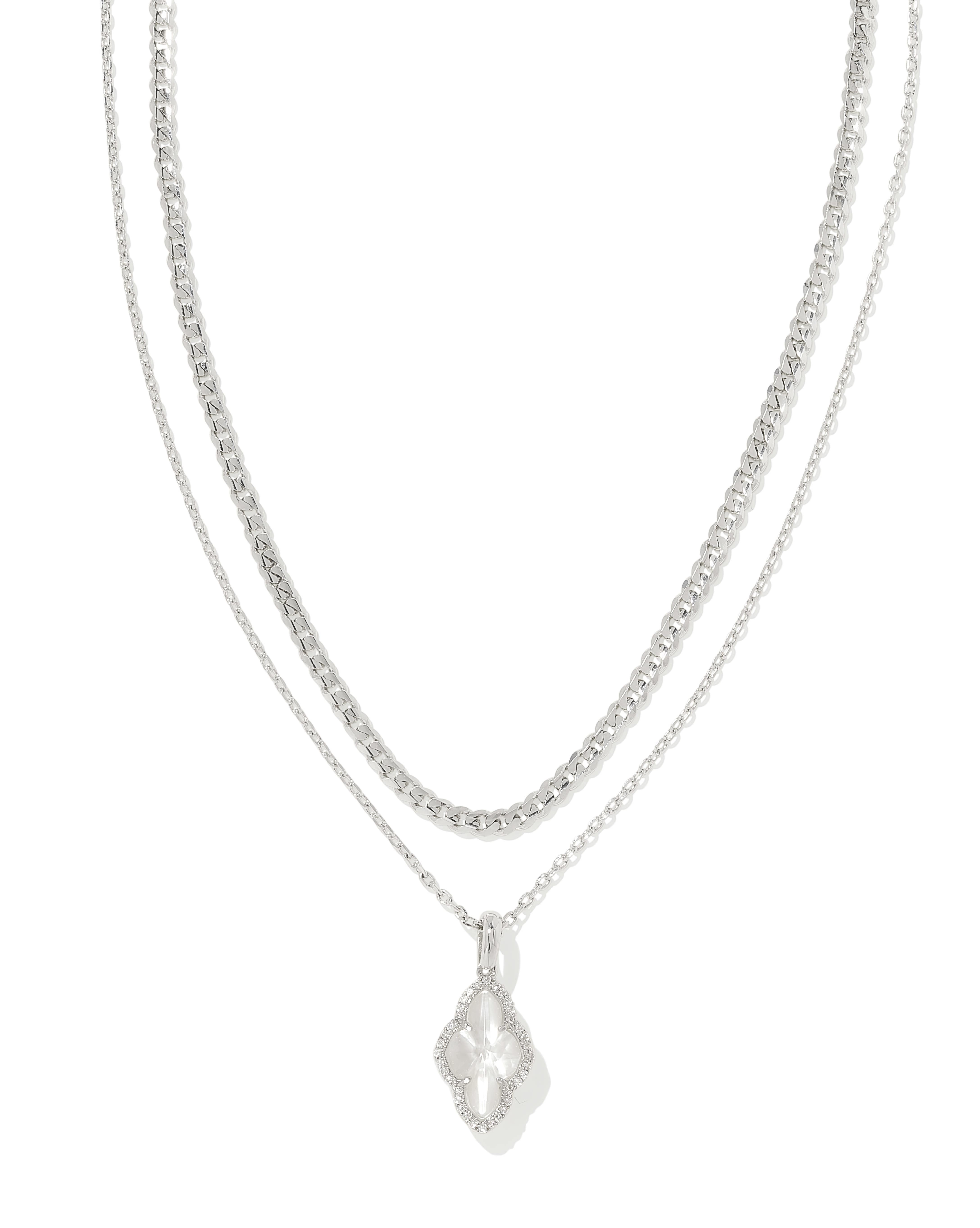 Abbie Silver Pave Frame Multi Strand Necklace in Ivory Mother-of-Pearl
