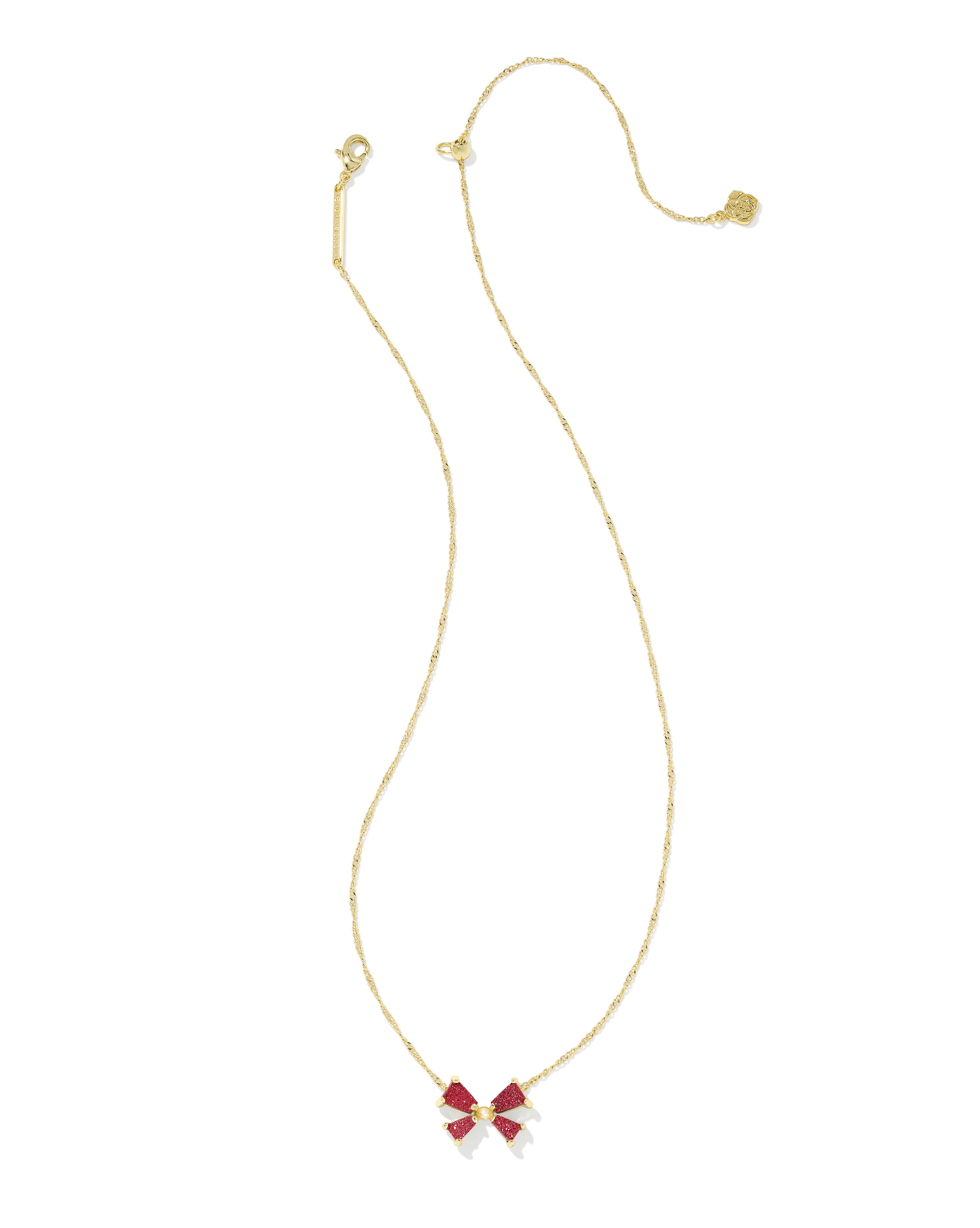 Blair Gold Bow Small Short Pendant Necklace in Bright Red Drusy