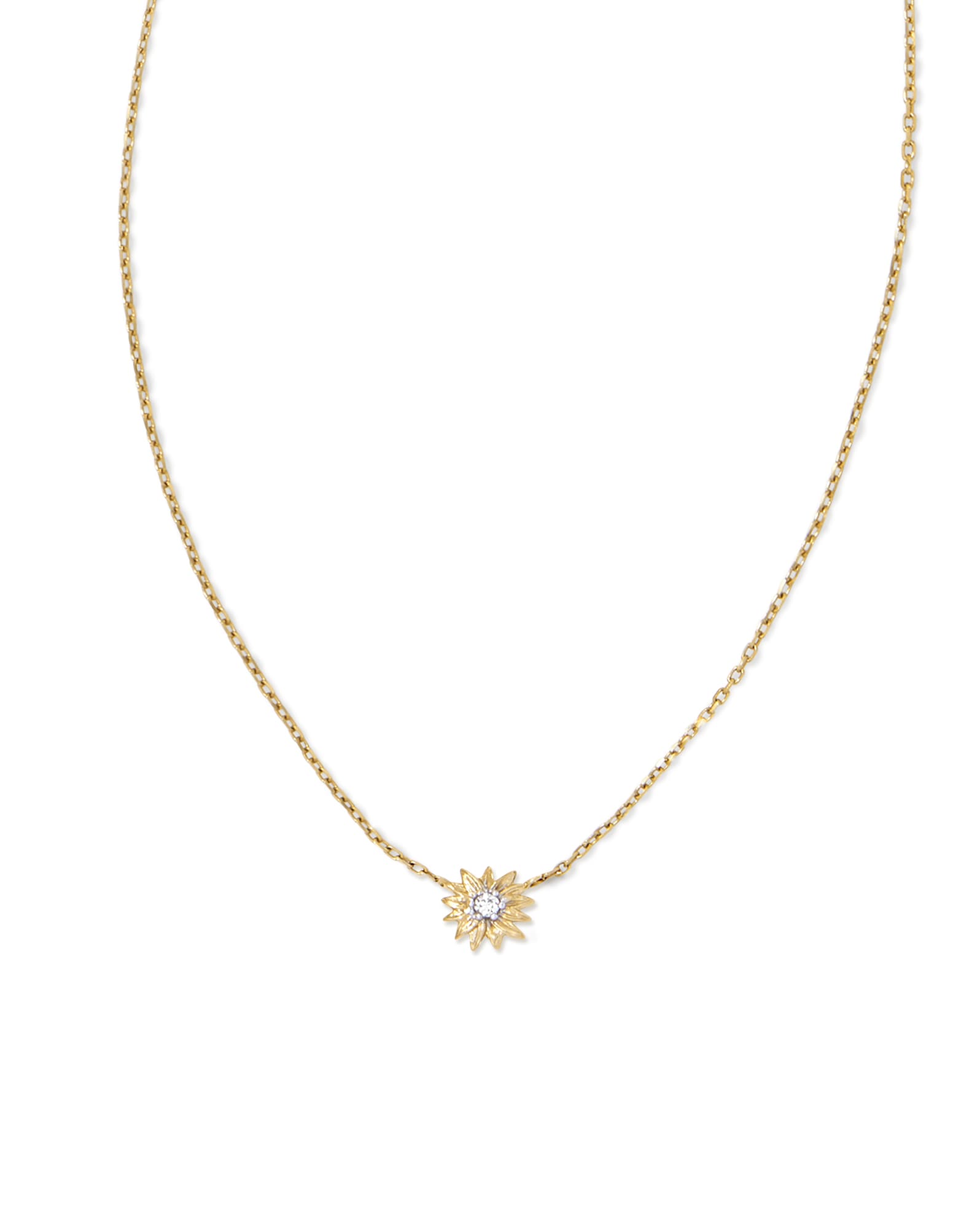 Tiny Flower 14k Yellow Gold Pendant Necklace in White Diamond