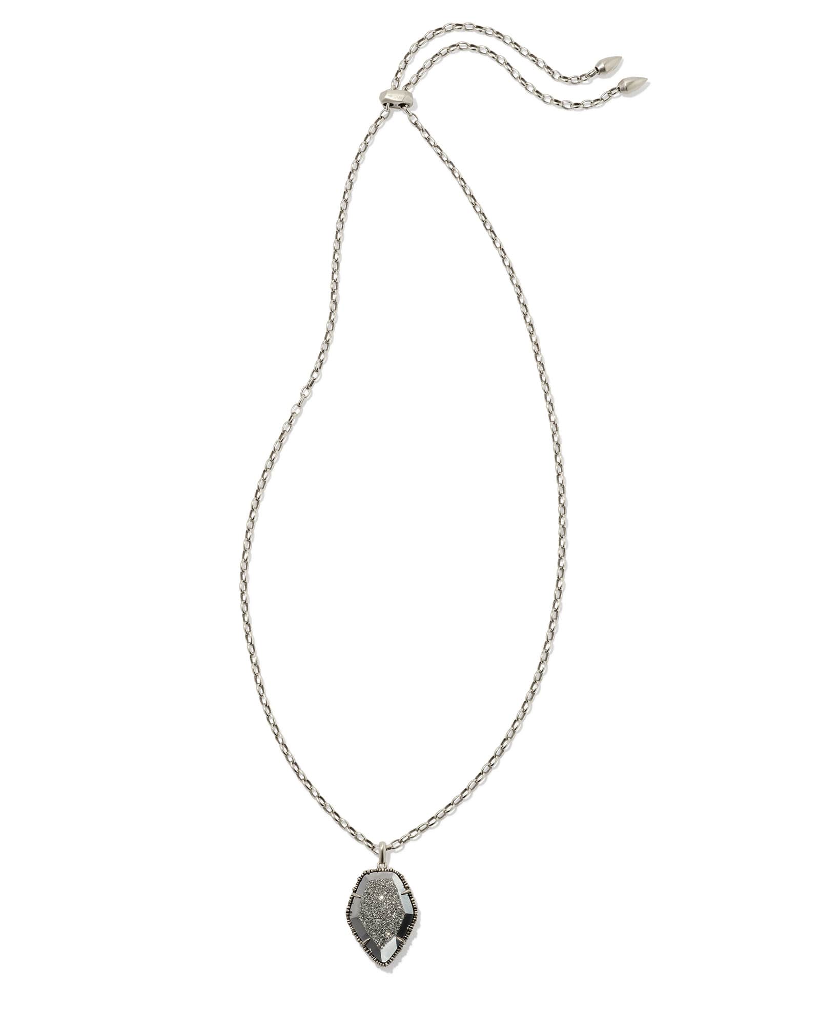 Tessa Vintage Silver Small Long Pendant Necklace in Platinum Drusy
