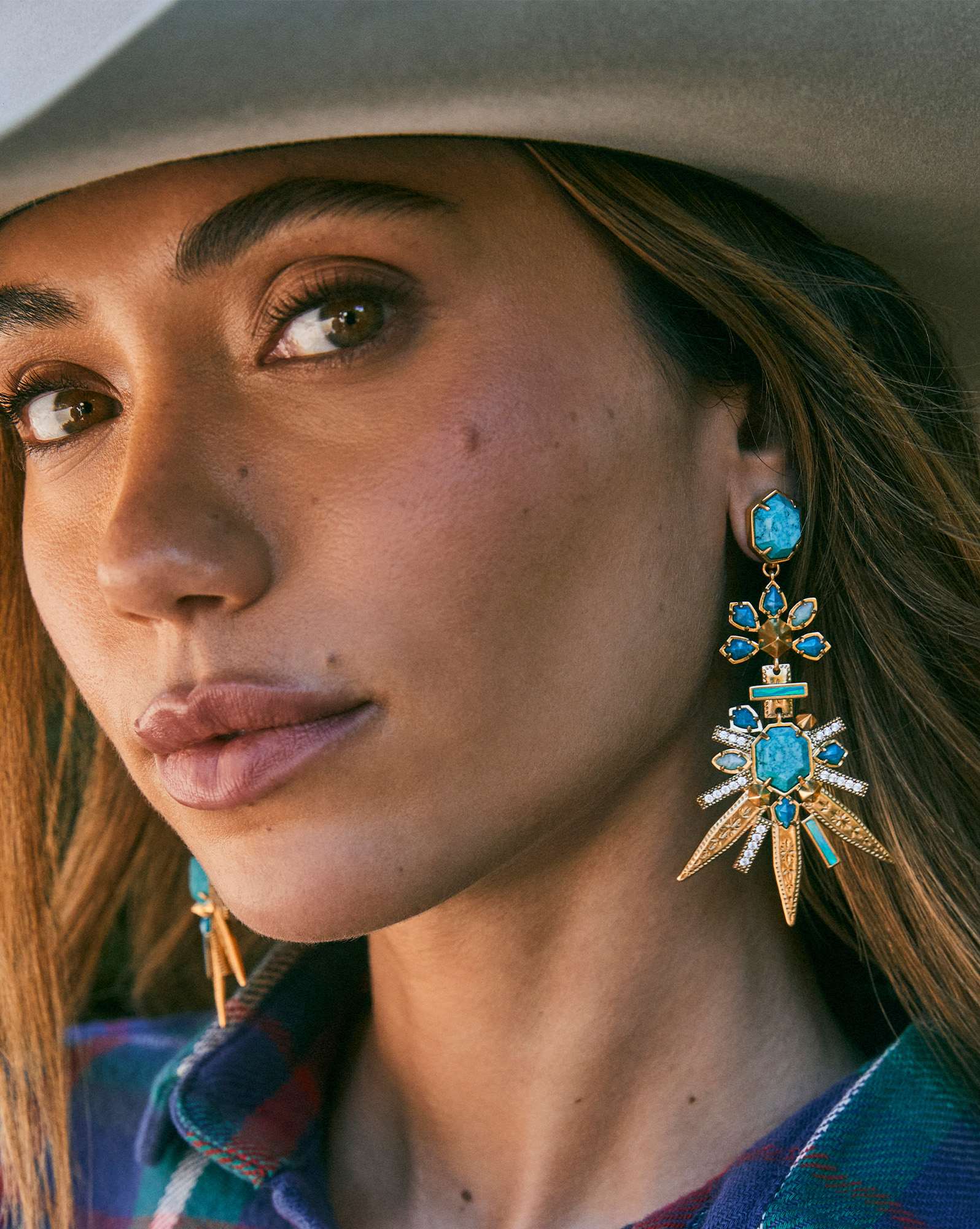 Serayah Vintage Gold Statement Earrings in Teal Mix