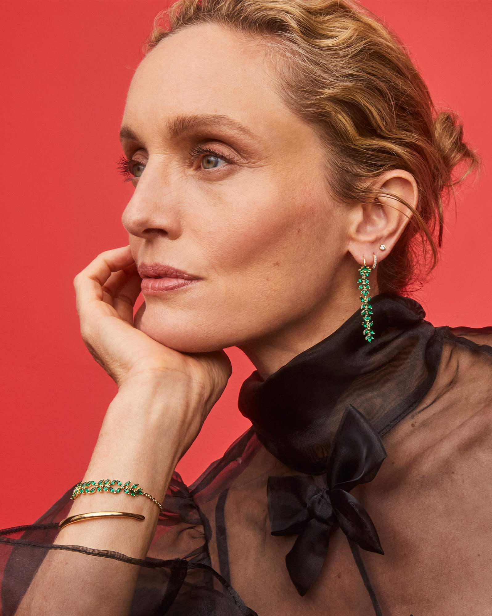 Rosalie Gold Linear Earrings in Green Crystal