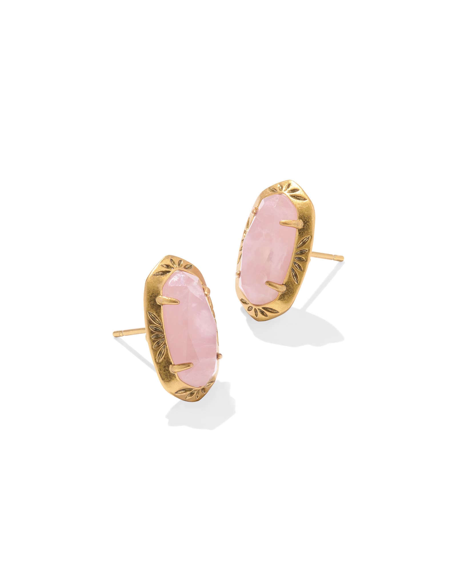 Ellie Vintage Gold Etch Frame Stud Earrings in Rose Quartz