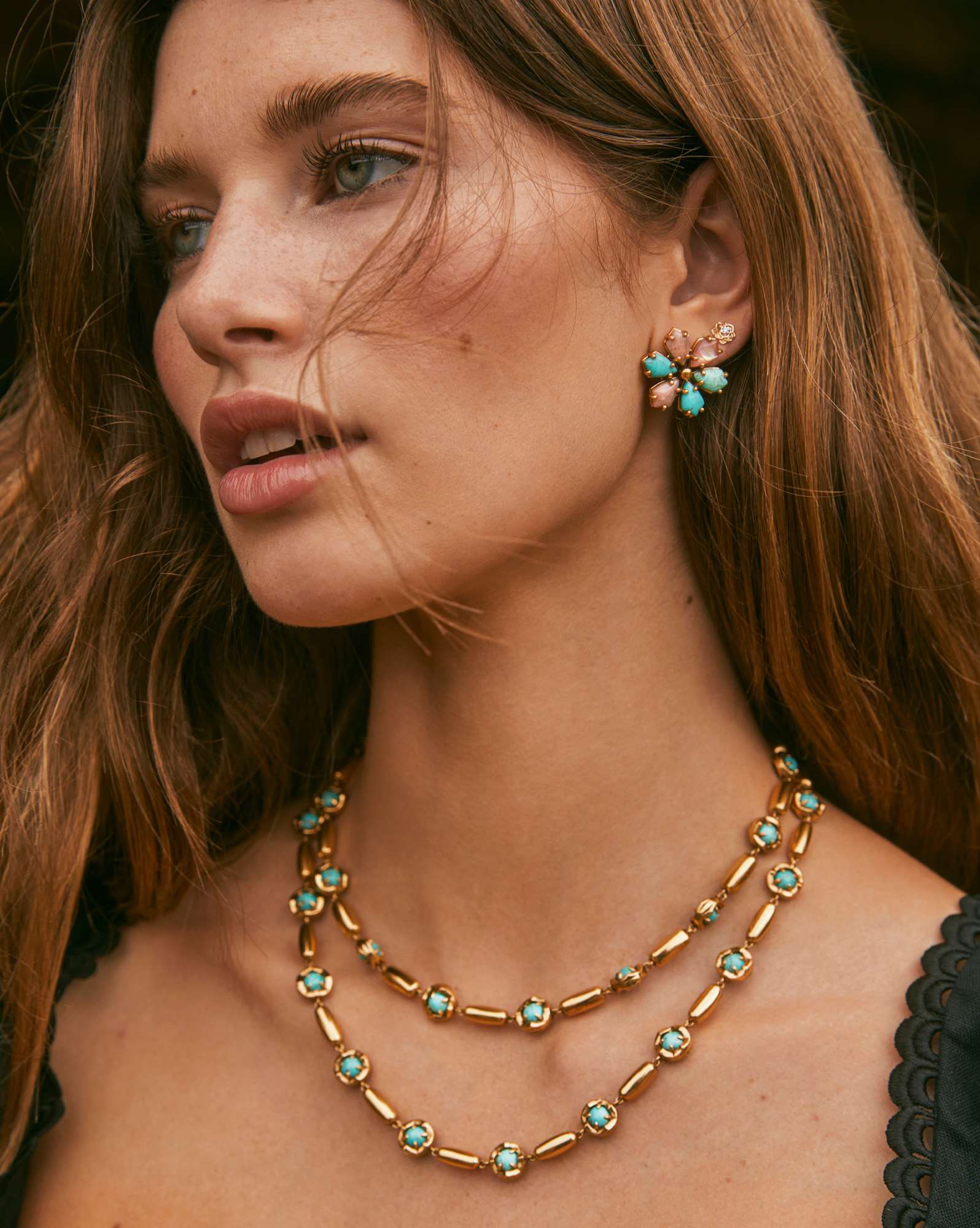 Ida Vintage Gold Long Strand Necklace in Variegated Turquoise Magnesite