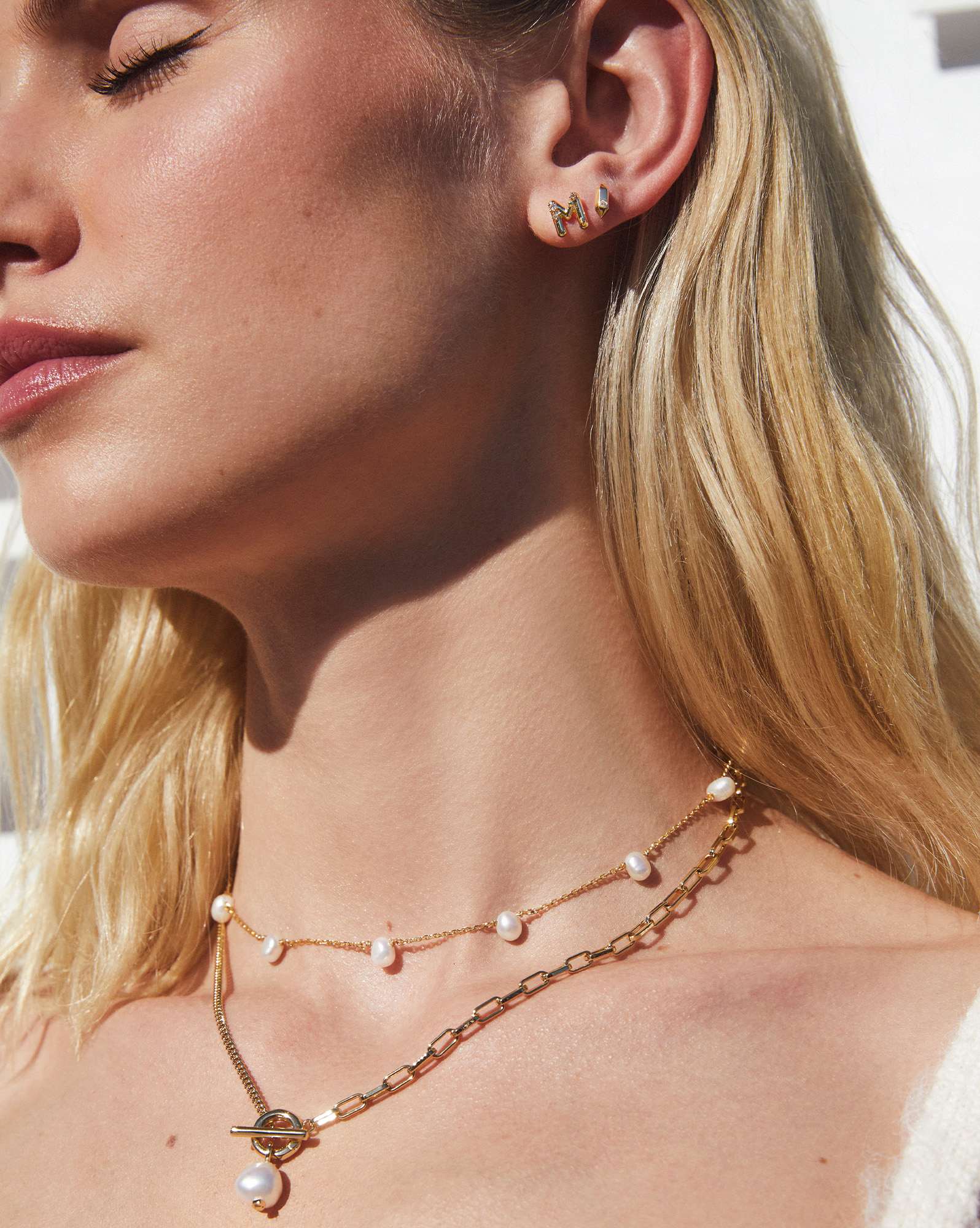 Crystal Letter M Gold Single Stud Earring in White Crystal