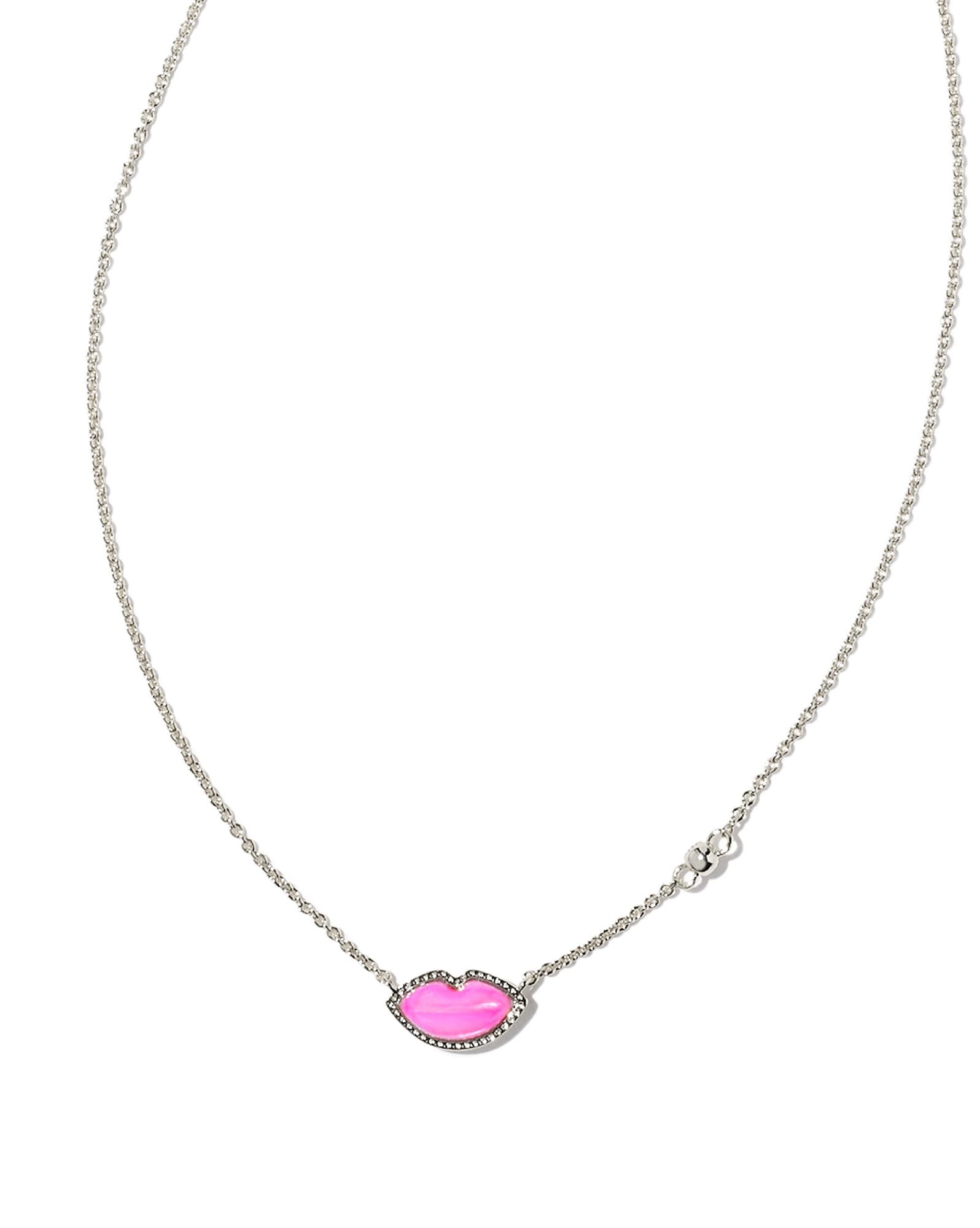 Lips Silver Pendant Necklace in Hot Pink Mother-of-Pearl