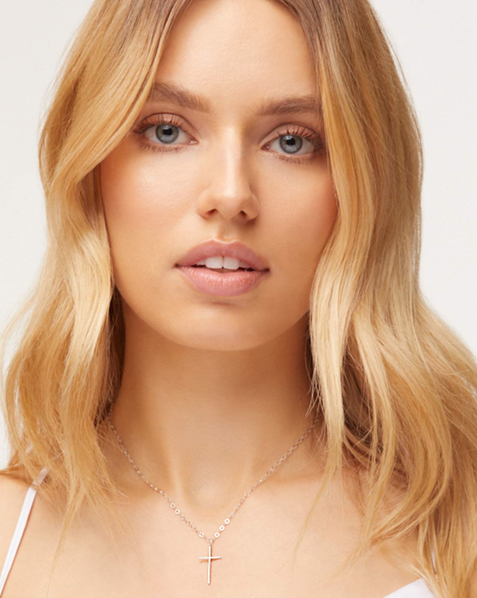 Thin Cross 14k White Gold Charm in White Diamond