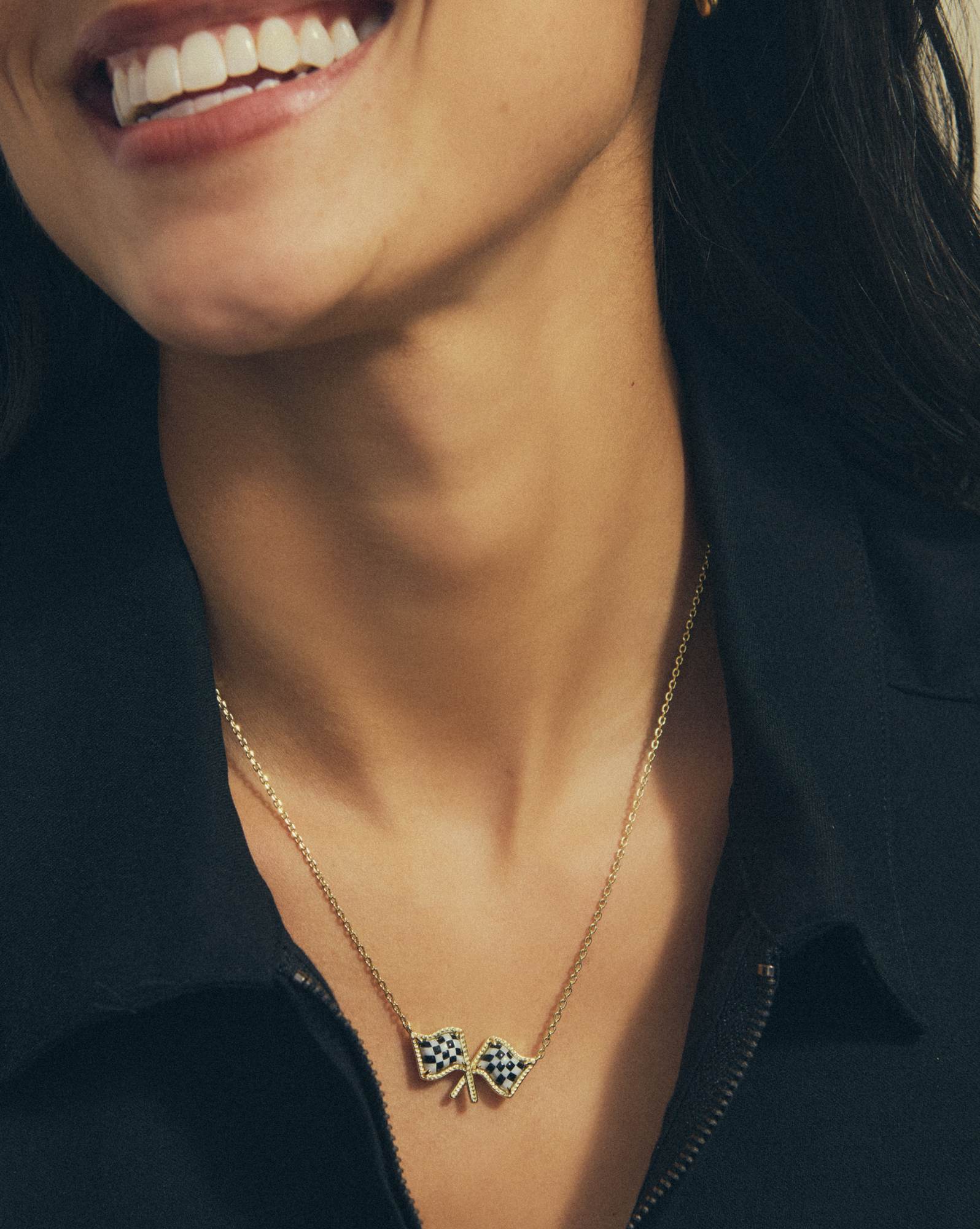 Checkered Flag Gold Short Pendant Necklace