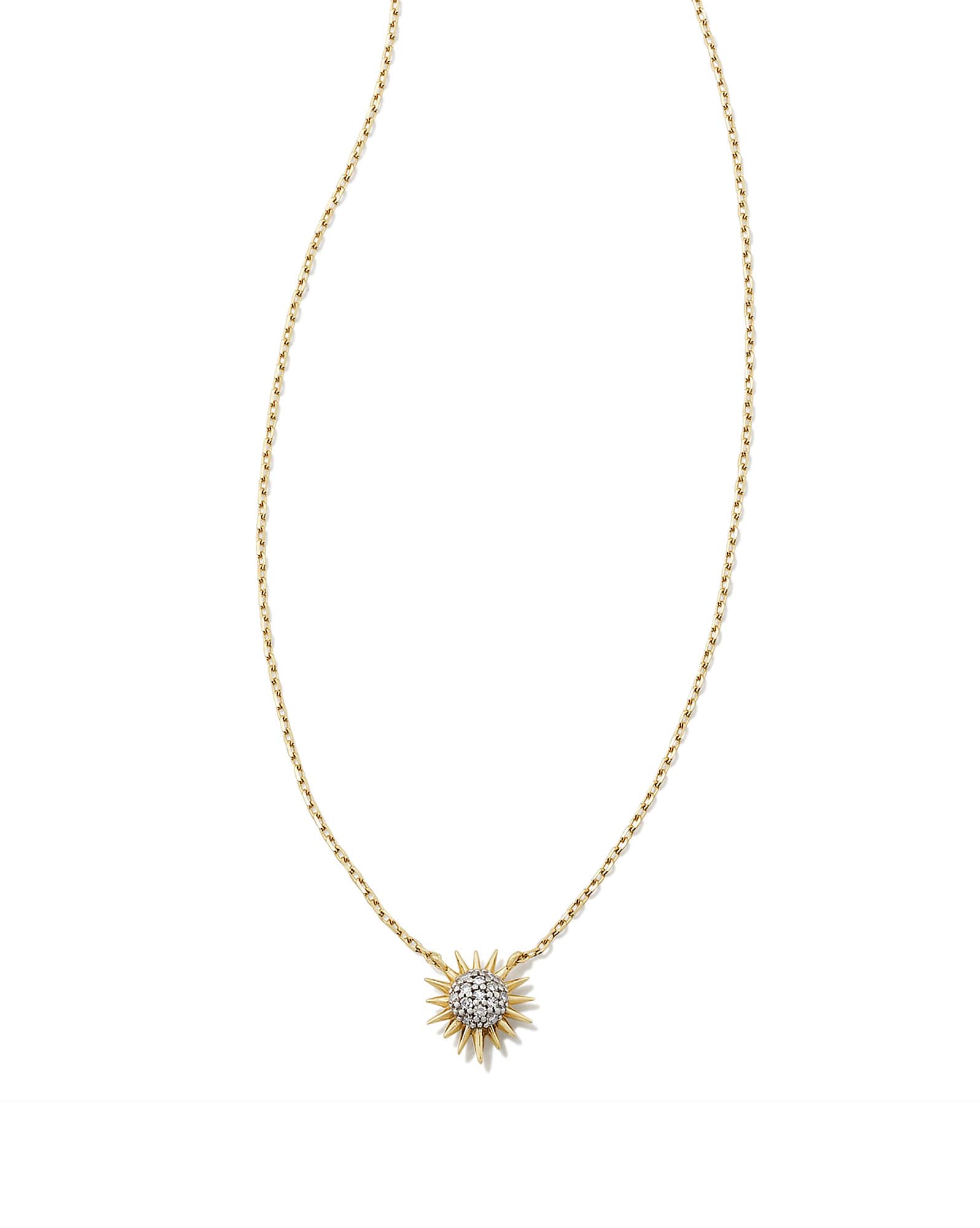 Tiny Sunburst 14k Yellow Gold Pendant Necklace in White Diamond