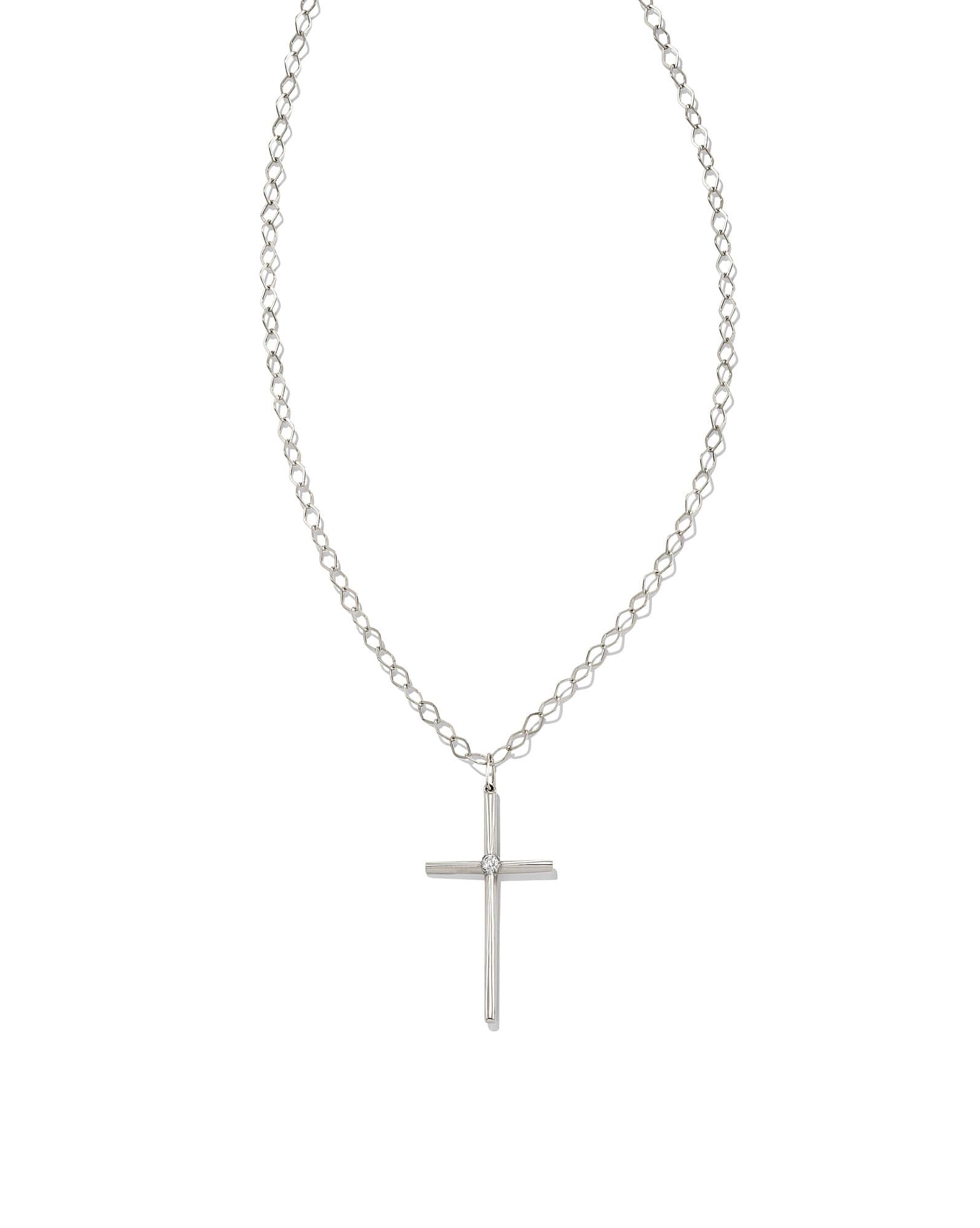 Thin Cross 14k White Gold Charm in White Diamond