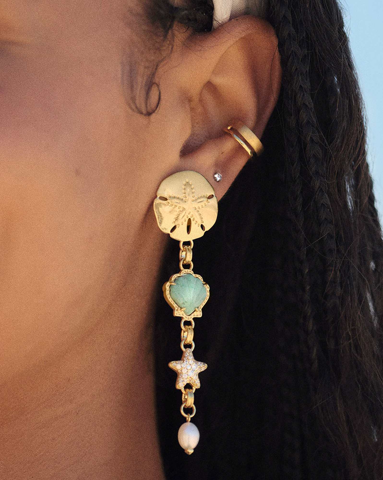 Brynne Gold Shell Linear Earrings in Sea Green Chrysocolla
