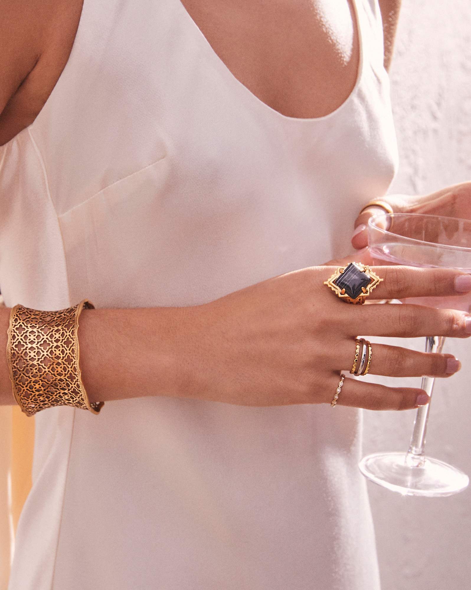 Cass Vintage Gold Cocktail Ring in Black Banded Agate