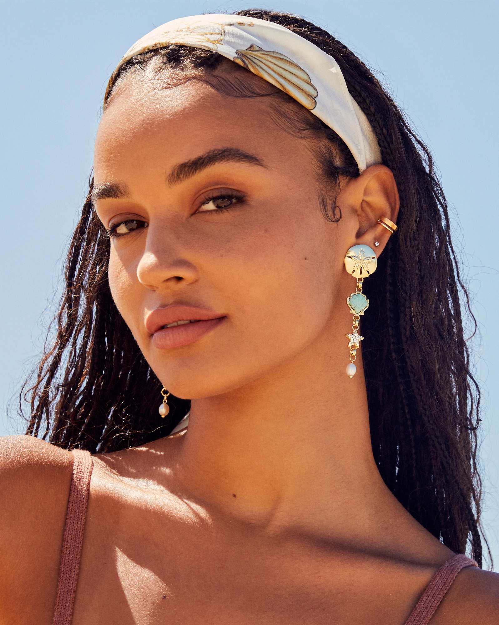 Brynne Gold Shell Linear Earrings in Sea Green Chrysocolla