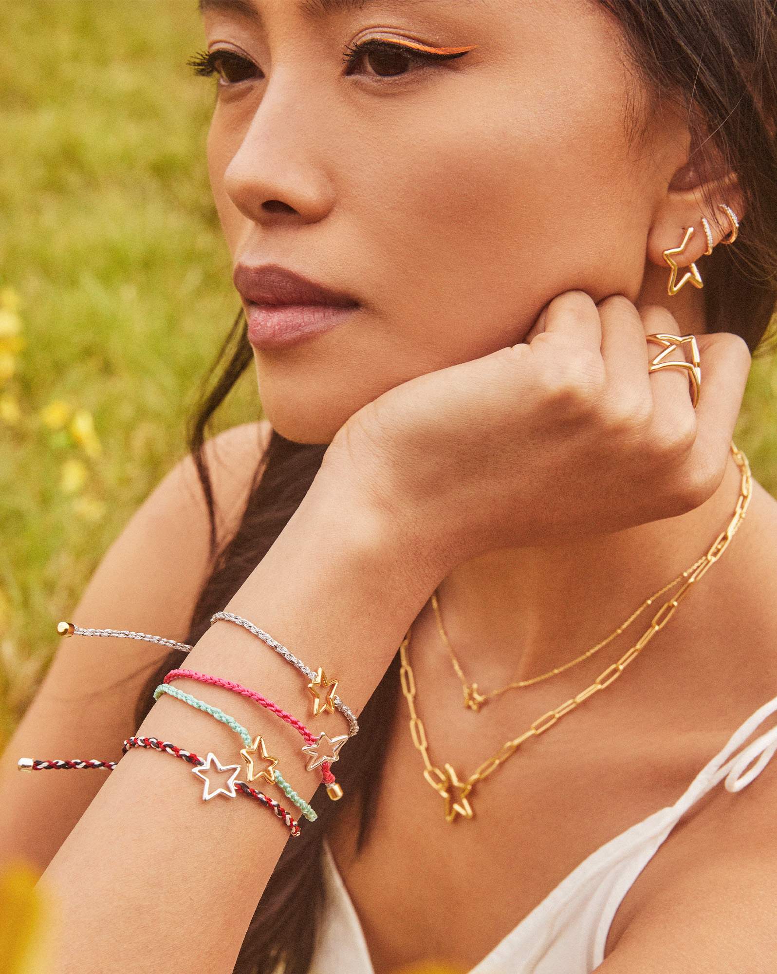 Open Star Sterling Silver Corded Bracelet in Bright Magenta