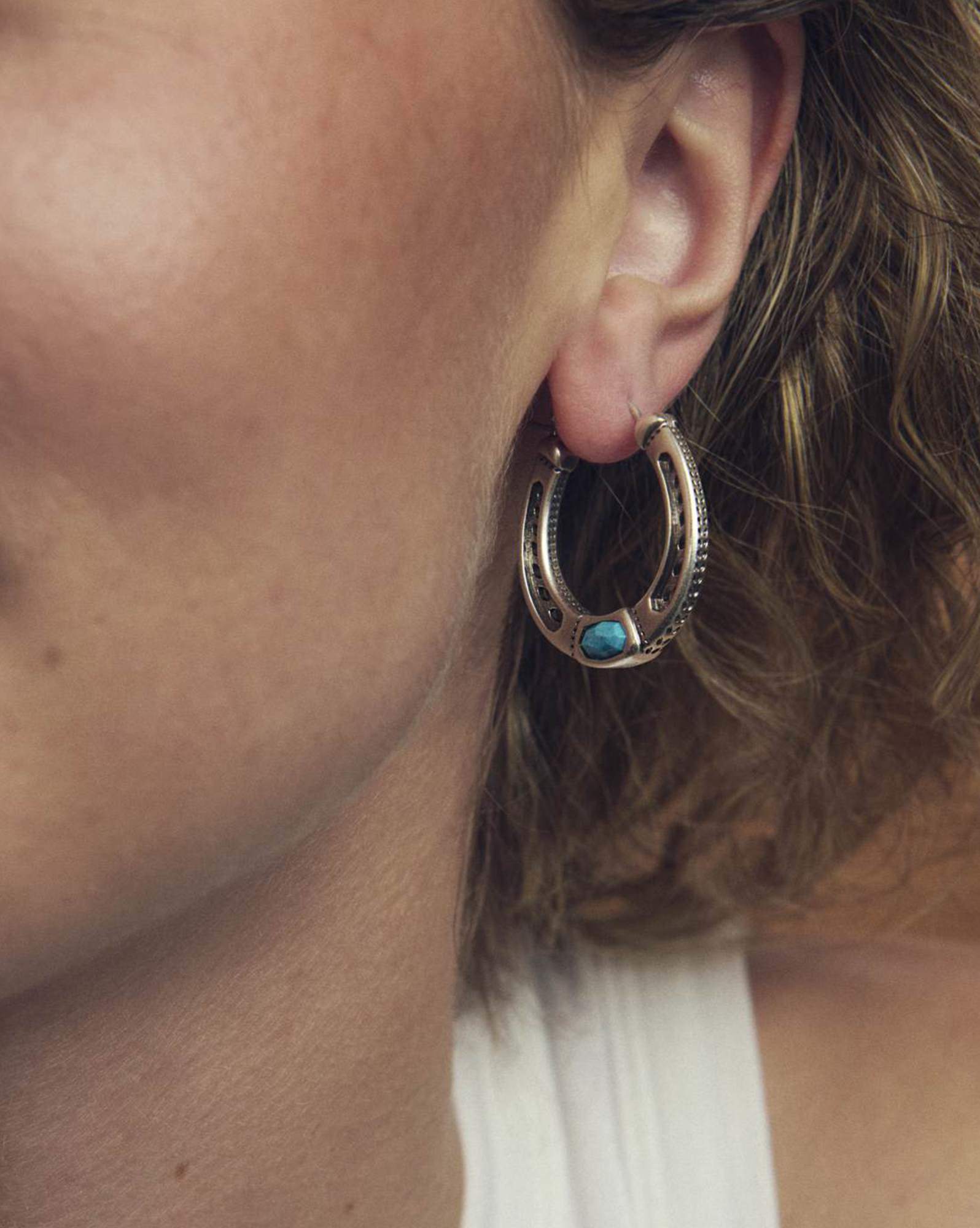 Noble Vintage Silver Horseshoe Hoop Earrings in Variegated Dark Teal Magnesite
