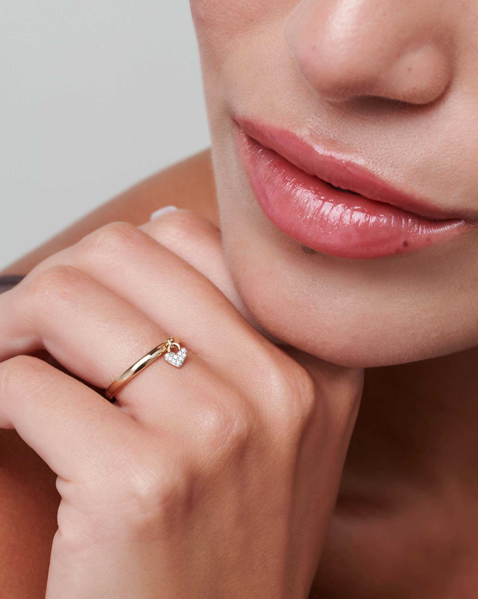 Pave Heart Padlock 14k Yellow Gold Band Ring in White Diamond